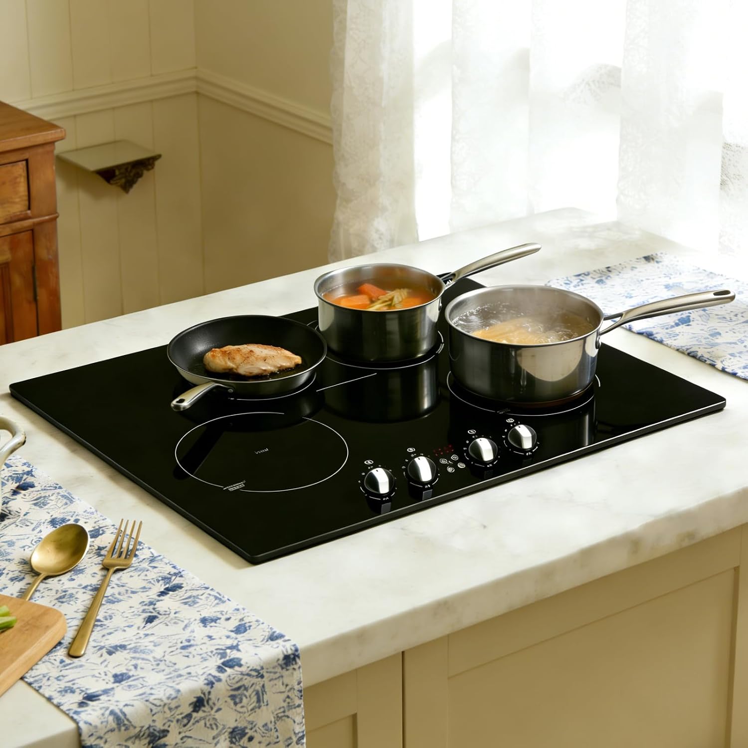 30 Inch Induction Cooktop 7800W, Weceleh 10 Levels Electric Cooktop with 4 BOOST Burners, Bulid-in Induction Stove Top, Bridge-Sync, Safety Lock, Timer, Knob Control, No Plug, 220-240V