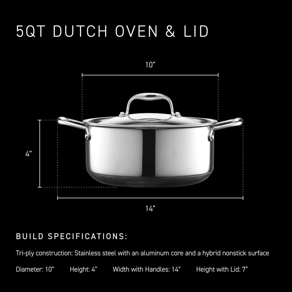 HexClad Hybrid Nonstick 5-Quart Dutch Oven with Stainless Steel Lid, Stay-Cool Handles, Dishwasher-Friendly, Oven-Safe Up to 900°F, Induction Ready, Compatible with All Cooktops