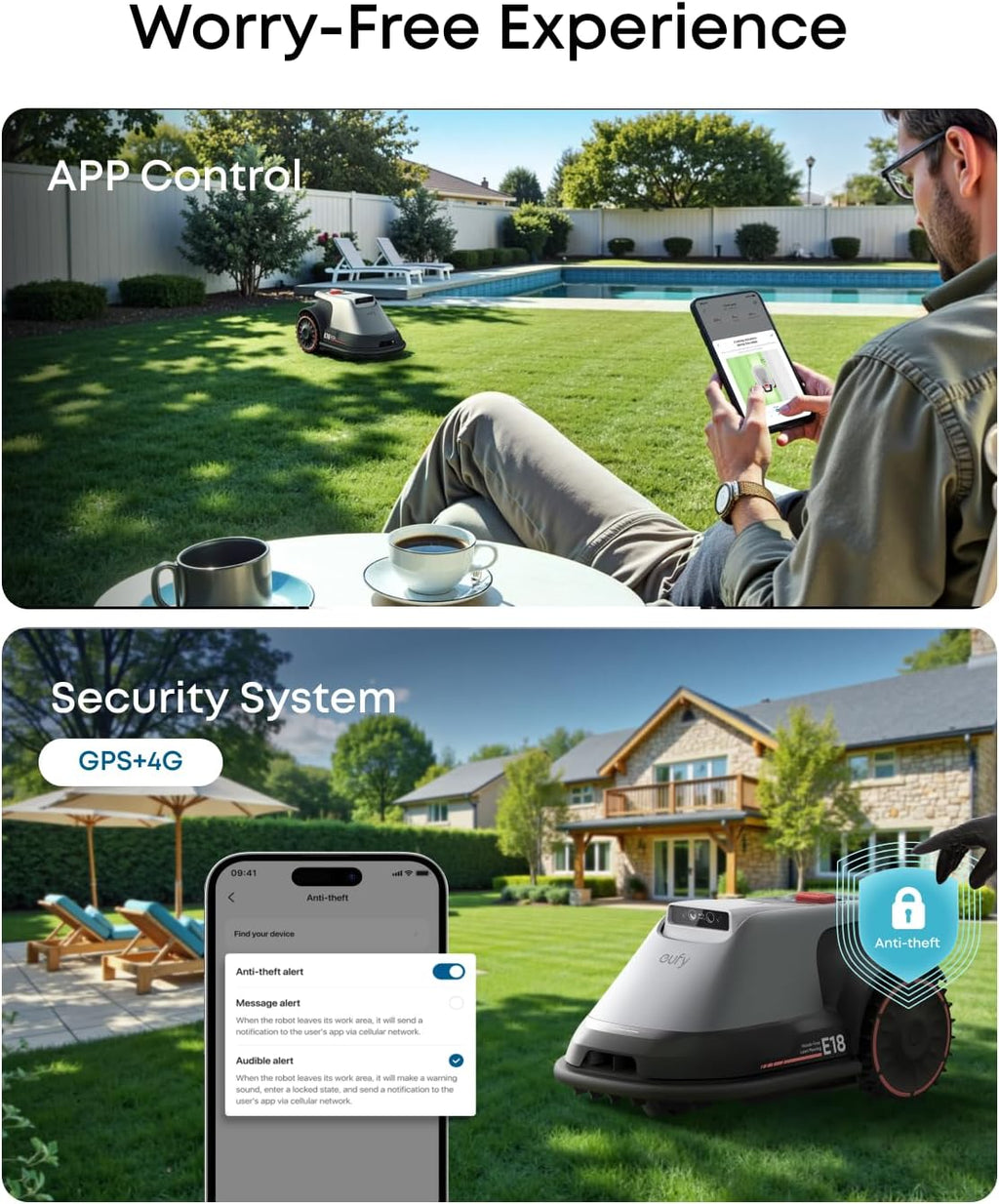 eufy E18 Robot Lawn Mower, Max 0.3 Acres, Vision Navigation, Hands-Free Auto Mapping, Wire Free RTK Free, Multi-Zone Management, AI Obstacle Avoidance, APP Control, 18° Slope, Cut Height 1'-3'