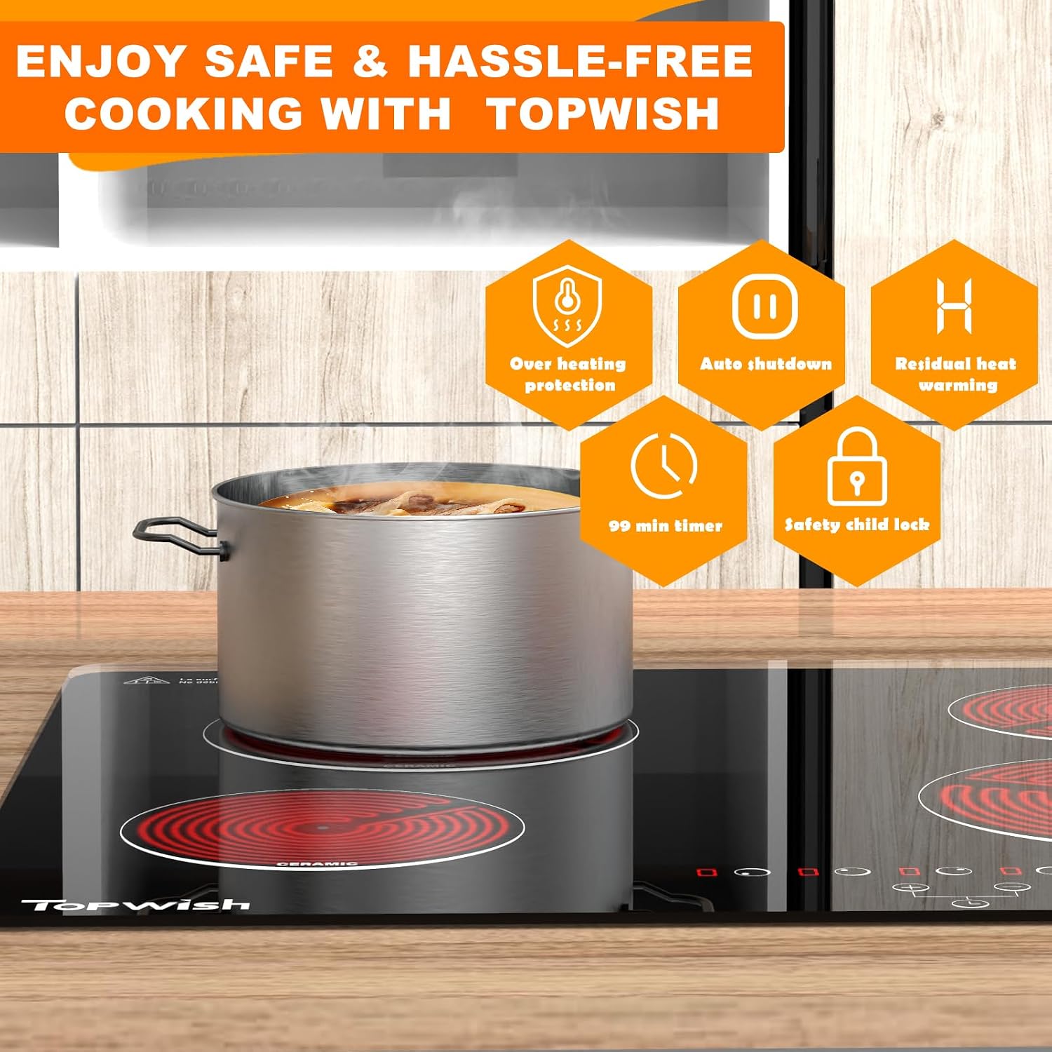 4 Burner Electric Cooktop, TOPWISH 24 Inch, Built-in Electric Stove Top, 220-240v Radiant Cooktop with Child Lock, Touch Control, Residual Heat Indicator, Overheat Protection, Hard Wire (No Plug)