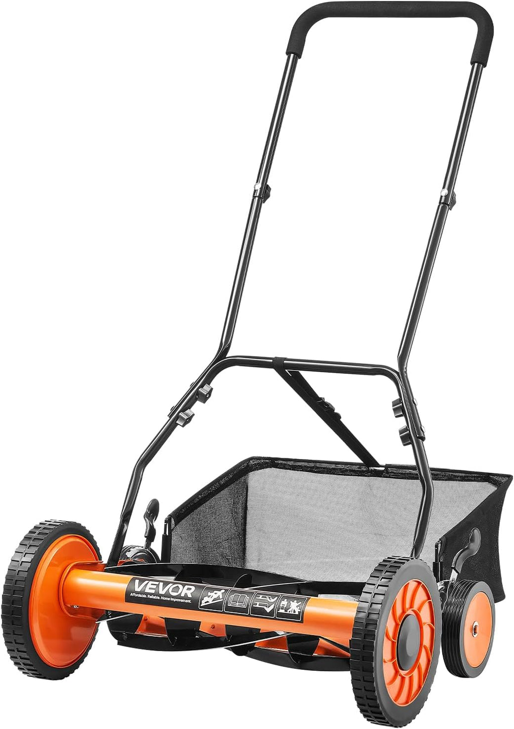 VEVOR Push Reel Lawn Mower 18 inch, 5 Blades Manual Push Mower No Motor, 1.37-2.44 in Adjustable Cutting Height, Walk-Behind Lawn Mowers with Grass Catcher Bag for Green Lawns, Driveways, Courtyards