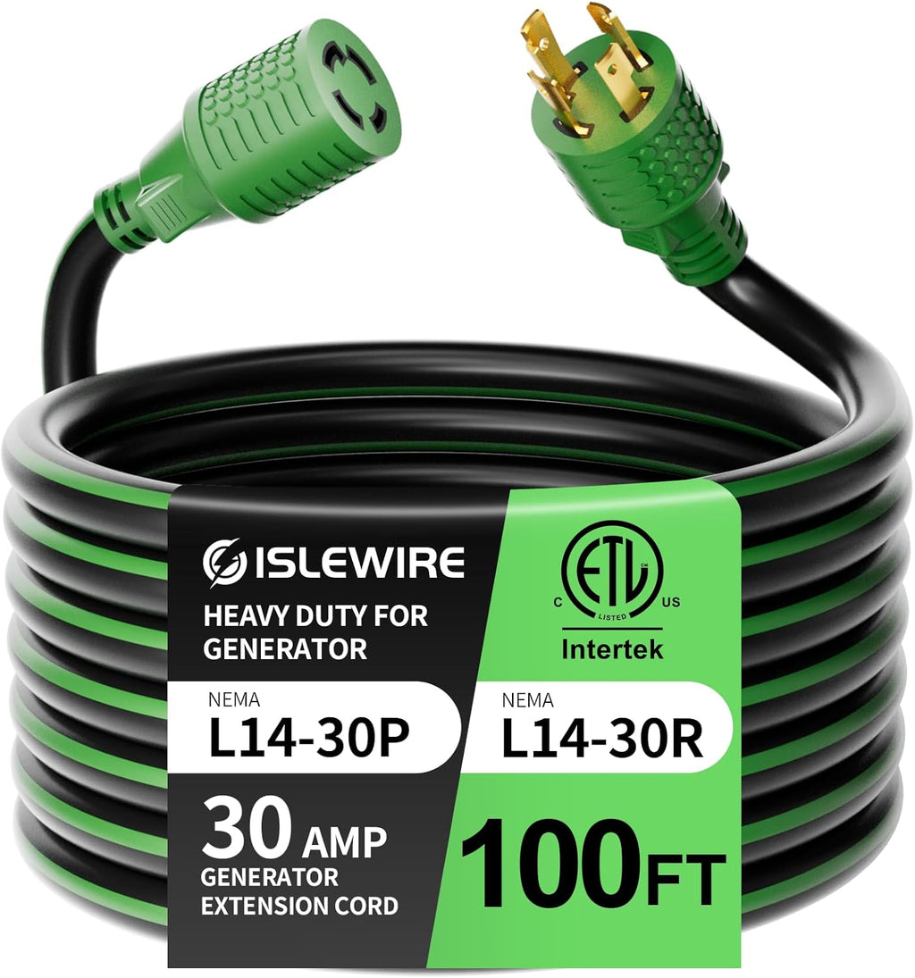 4 Prong 30 Amp Extension Generator Cord 100FT, NEMA L14-30P/L14-30R, 125/250 Volt Up to 7500 Watts, 10 Gauge SJTW Twist Lock Power Cord for Manual Transfer Switch, Black&Green, ETL Listed