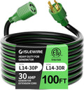 4 Prong 30 Amp Extension Generator Cord 100FT, NEMA L14-30P/L14-30R, 125/250 Volt Up to 7500 Watts, 10 Gauge SJTW Twist Lock Power Cord for Manual Transfer Switch, Black&Green, ETL Listed