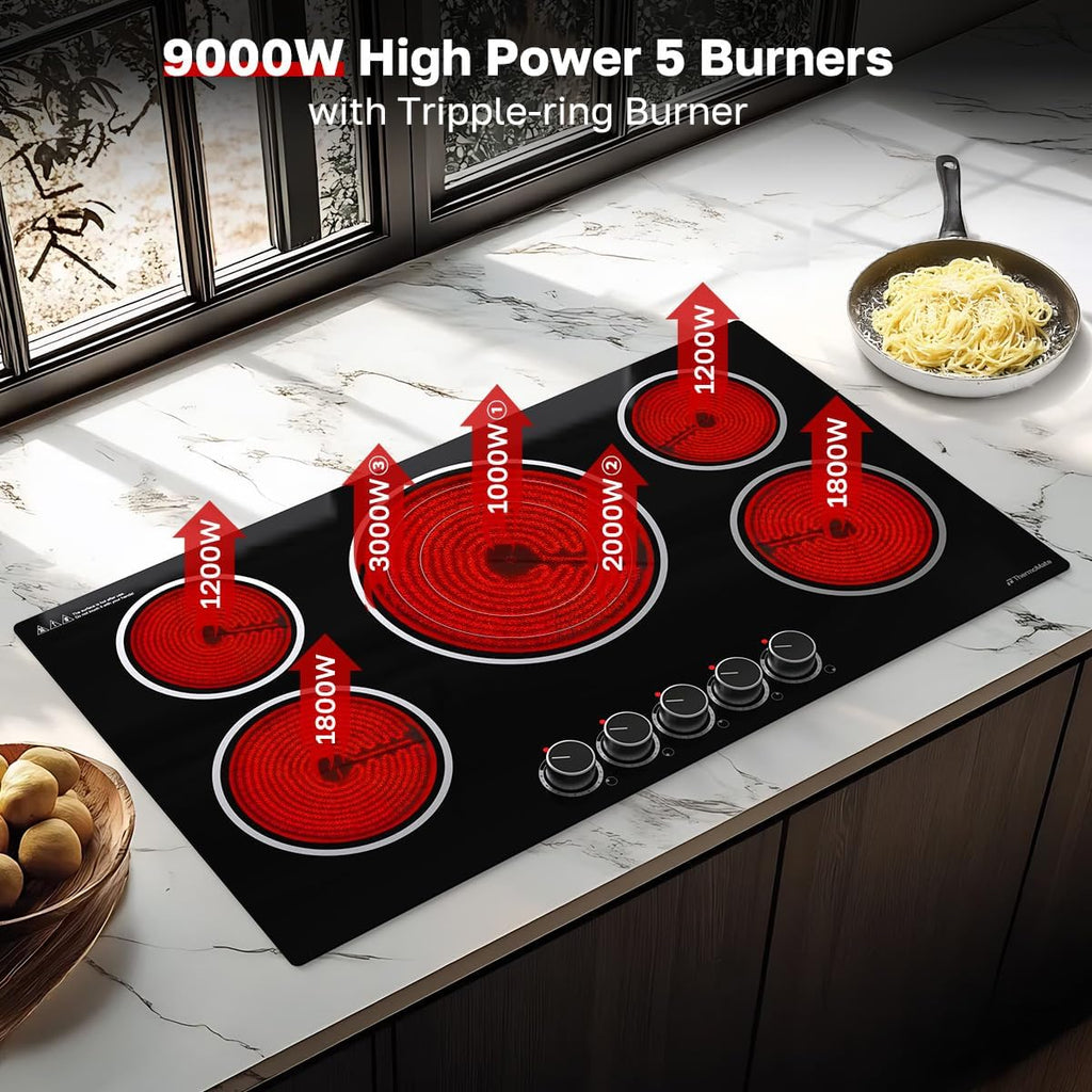 ThermoMate 36 Inch Electric Cooktop, 5 Burners Knob Control Built-in Ceramic Cooktop, 30' Radiant Electric Stove Top of 9000W with 9 Heat Levels, Hot Surface Indicator, 220-240v, Hard Wired