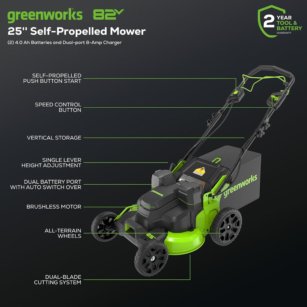 Greenworks 82V 25' Brushless (Self-Propelled) Cordless Lawn Mower, (2) 4.0Ah Batteries and Dual Port Rapid Charger (Great for Landscapers and Professionals)