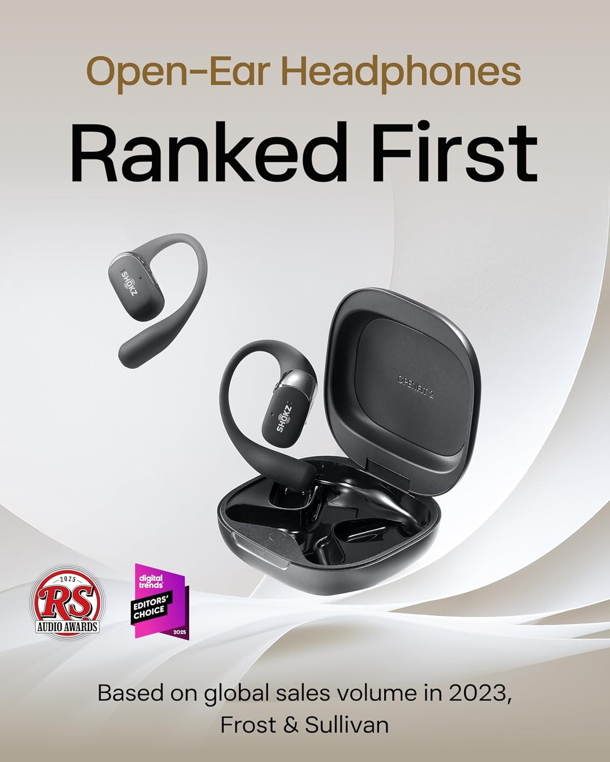 SHOKZ OpenFit 2 Open-Ear Headphones,True Wireless Bluetooth Earphones with Microphone,Earhook Earbuds with 48 Hours of Playtime,Fast Charging,IP55 Water-Resistant,with Carrying Bag,Black,Bluetooth5.4