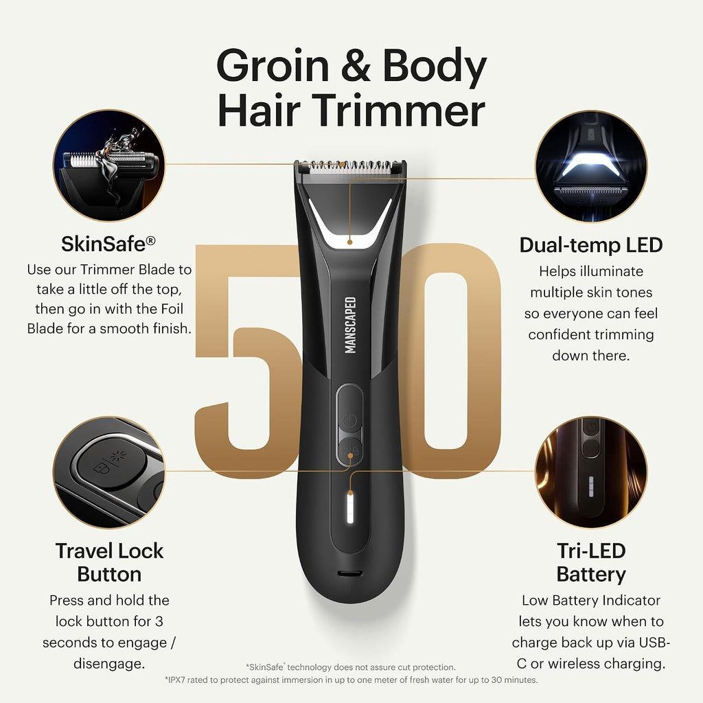 MANSCAPED® The Lawn Mower® 5.0 Ultra & The Face Buffer PRO - Men's Groin & Body Hair Trimmer & Electric Silicone Face Scrubber for Deep Cleaning & Exfoliating Your Skin, The Shed 2.0 Toiletry Bag