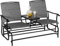 Giantex Patio Bench Glider Chair with Metal Frame, Center Tempered Glass Table, Outside Double Rocking Swing Loveseat for Porch, Garden, Poolside, Balcony, Lawn Rocker Outdoor Glider Bench(Gray)