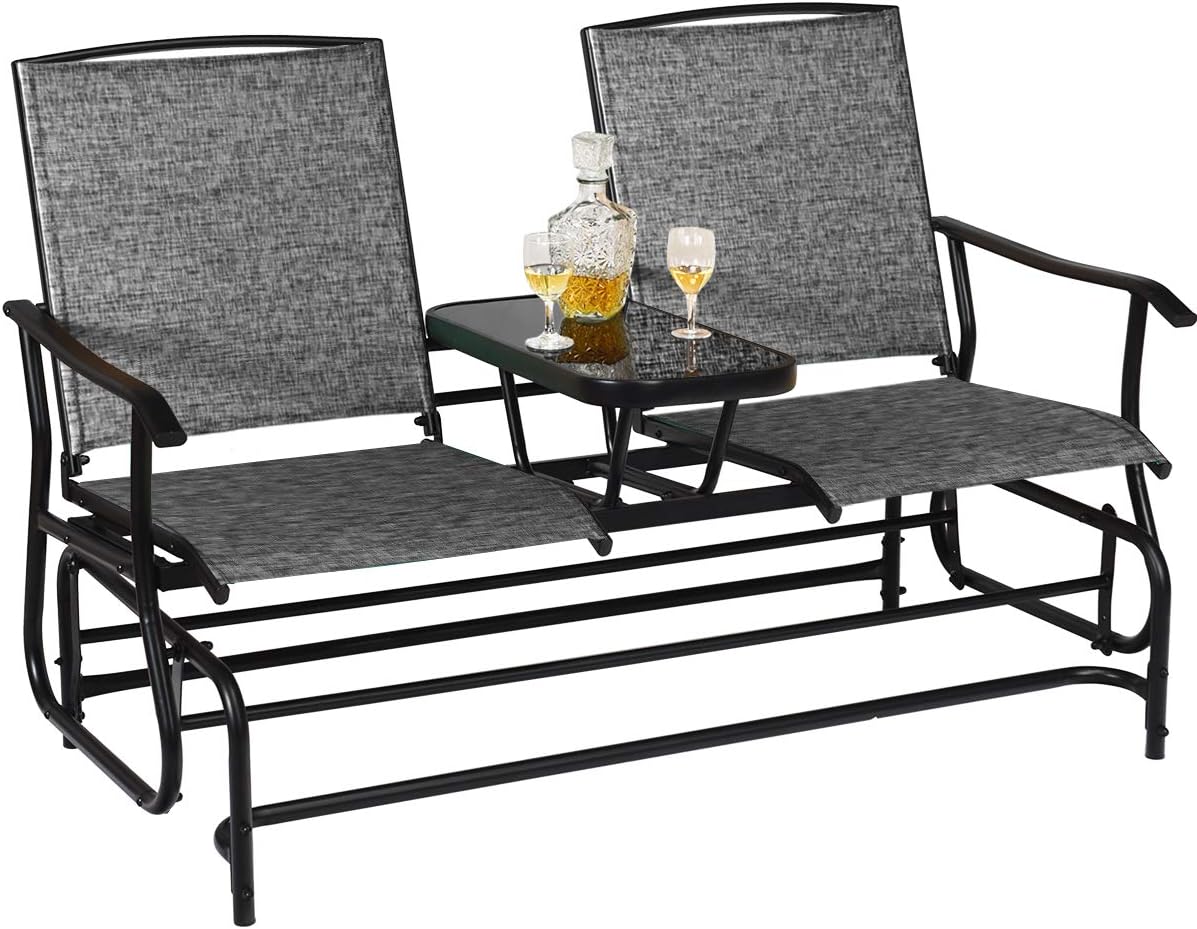 Giantex Patio Bench Glider Chair with Metal Frame, Center Tempered Glass Table, Outside Double Rocking Swing Loveseat for Porch, Garden, Poolside, Balcony, Lawn Rocker Outdoor Glider Bench(Gray)
