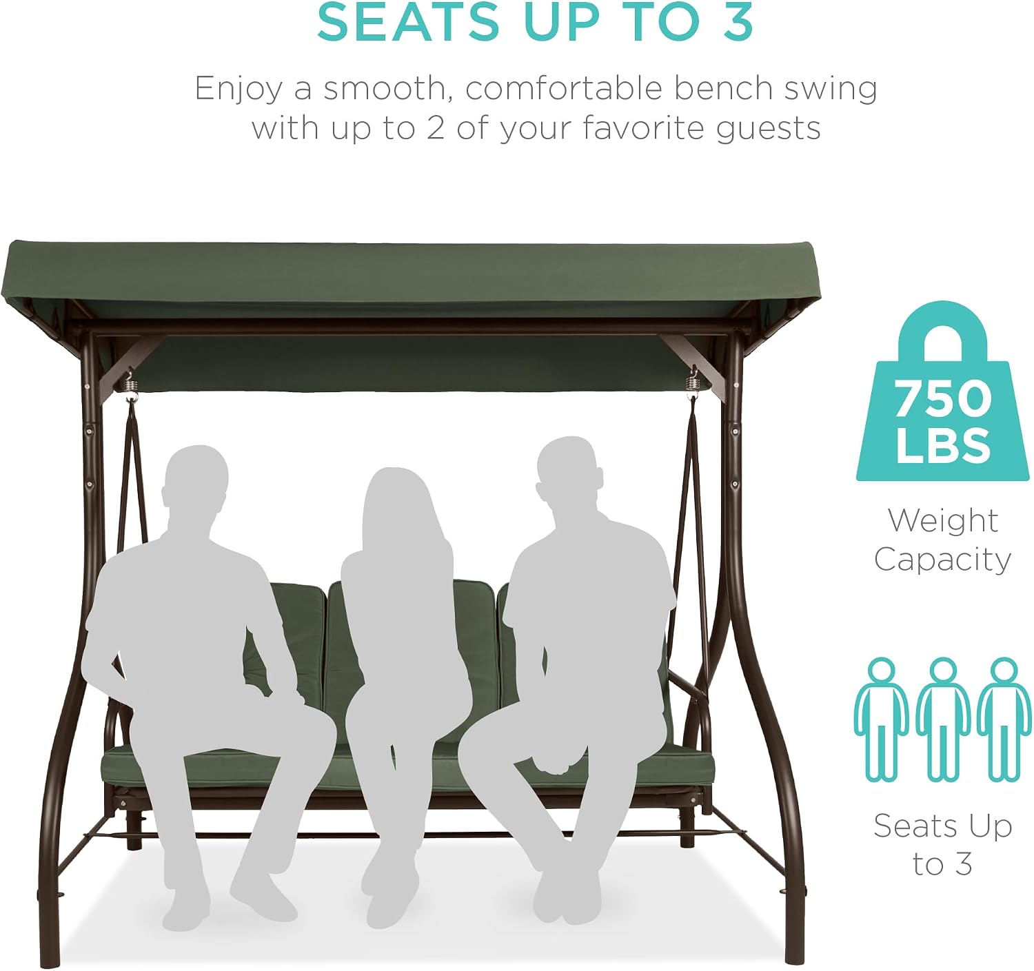 Best Choice Products 3-Seat Outdoor Large Converting Canopy Swing Glider, Patio Hammock Lounge Chair for Porch, Backyard w/Flatbed, Adjustable Shade, Removable Cushions - Midnight Green