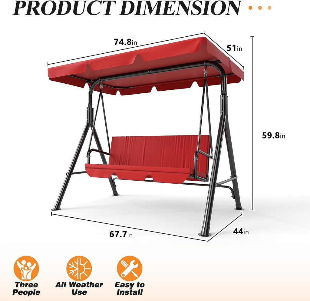 GARTOO 3-Seat Patio Swing Chair, Outdoor Porch Swing with Adjustable Canopy and Durable Steel Frame for Patio, Garden, Poolside(Red)