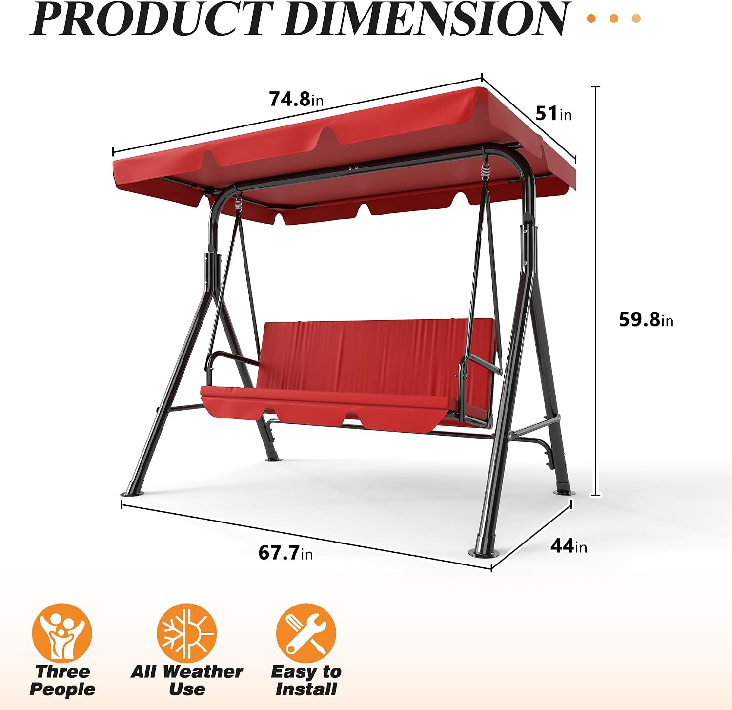 GARTOO 3-Seat Patio Swing Chair, Outdoor Porch Swing with Adjustable Canopy and Durable Steel Frame for Patio, Garden, Poolside(Red)