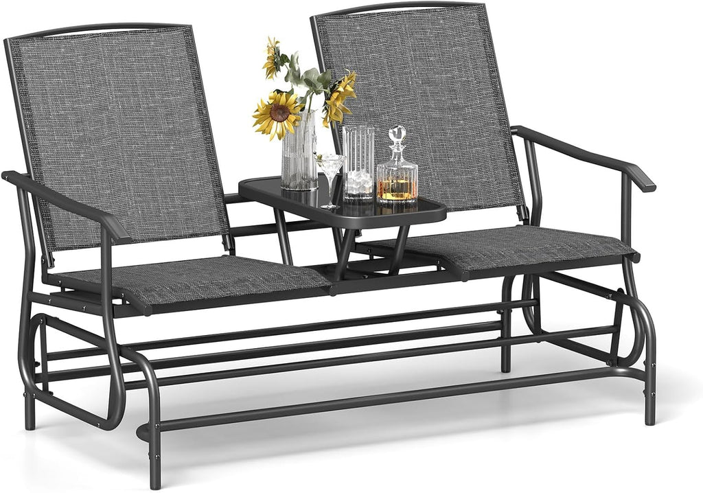 Tangkula 2 Person Swing Glider Chair, Patio Rocking Loveseat w/Center Tempered Glass Table, Outdoor Swing Bench w/Steel Frame & Breathable Mesh Fabric for Porch, Balcony, Poolside (Grey)