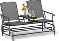 Tangkula 2 Person Swing Glider Chair, Patio Rocking Loveseat w/Center Tempered Glass Table, Outdoor Swing Bench w/Steel Frame & Breathable Mesh Fabric for Porch, Balcony, Poolside (Grey)