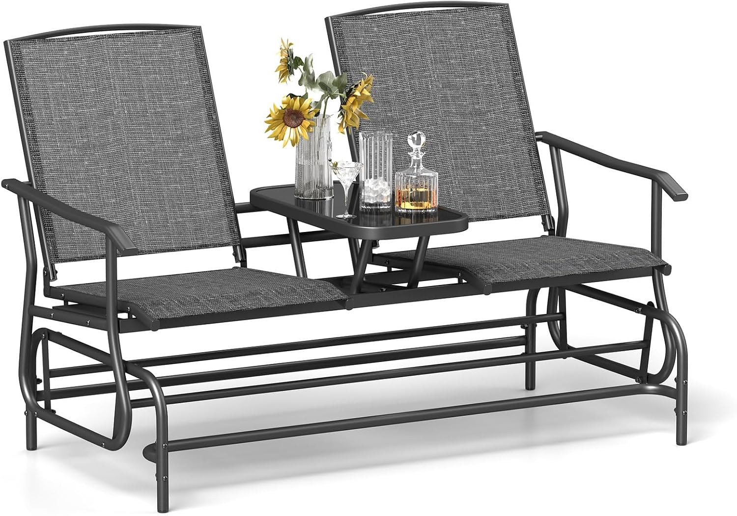 Tangkula 2 Person Swing Glider Chair, Patio Rocking Loveseat w/Center Tempered Glass Table, Outdoor Swing Bench w/Steel Frame & Breathable Mesh Fabric for Porch, Balcony, Poolside (Grey)