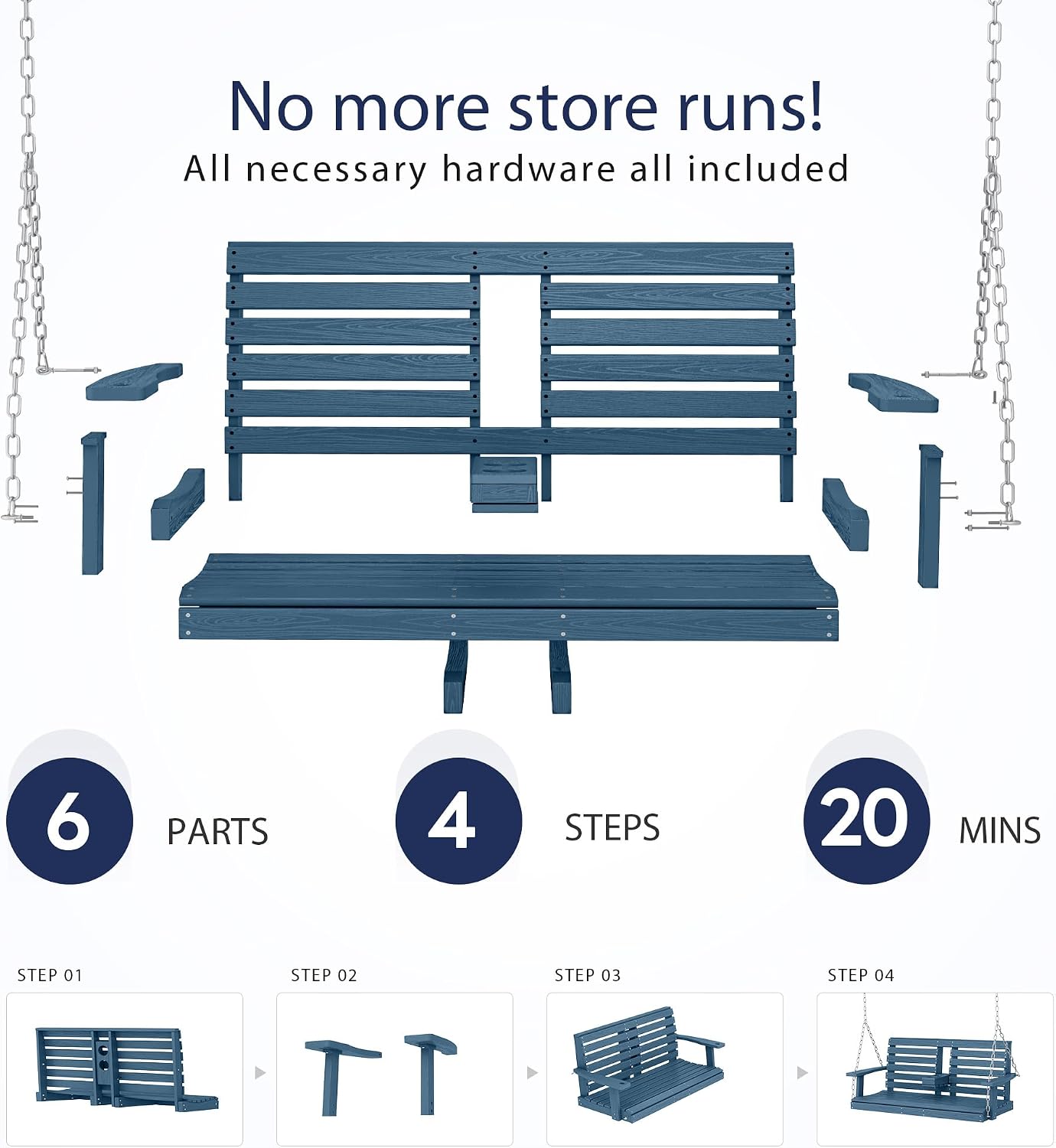 KINGYES Outdoor Hanging Porch Swing, 2 Seat Patio Swing Chair with Cup Holders, Waterproof Swing Chair Bench for Courtyard & Garden, 660LBS Weight Capacity, Blue
