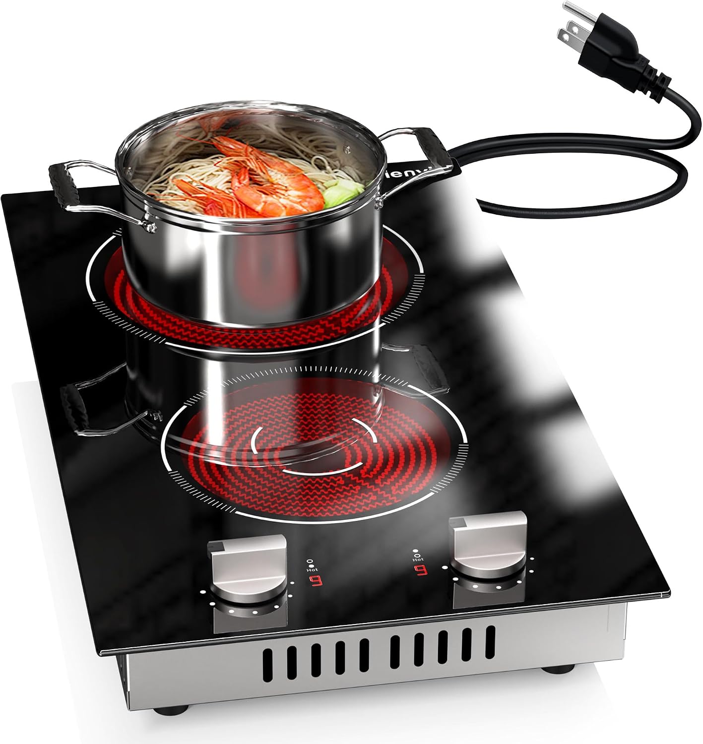 2 Burners Electric Cooktop 2000W, Plug in Electric Stove Top110v, Countertop & Built-in Cook top 12 Inch, 2 Burner Cooktop Knob Control, 9 Power Levels, Grey knob, Karienvir