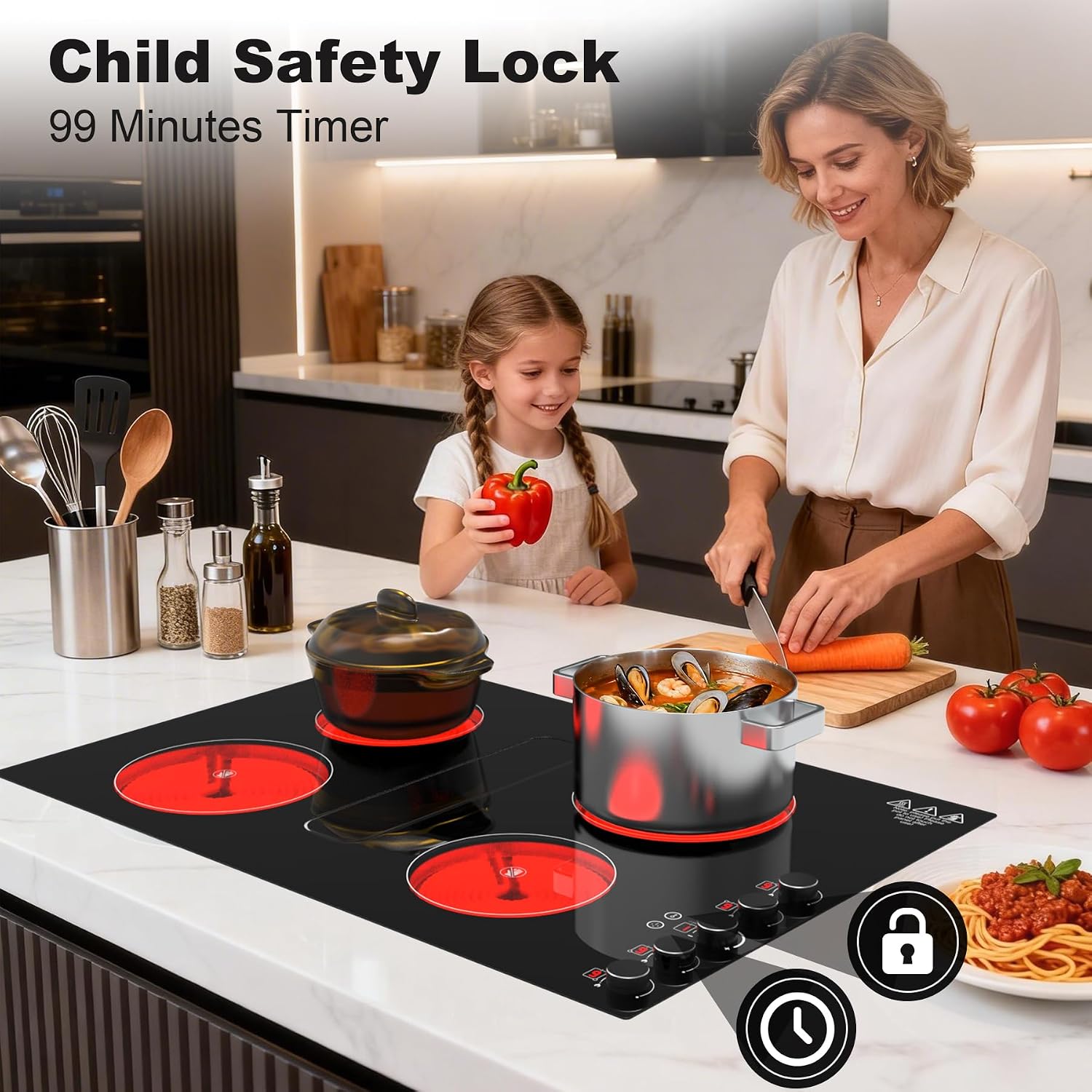 30' Electric Cooktop with Downdraft – 4 Burner 6000W Built-in Electric Stove, BBQ Bridge Burner, Timer, Safety Lock, Recirculating Vent (220V-240V)