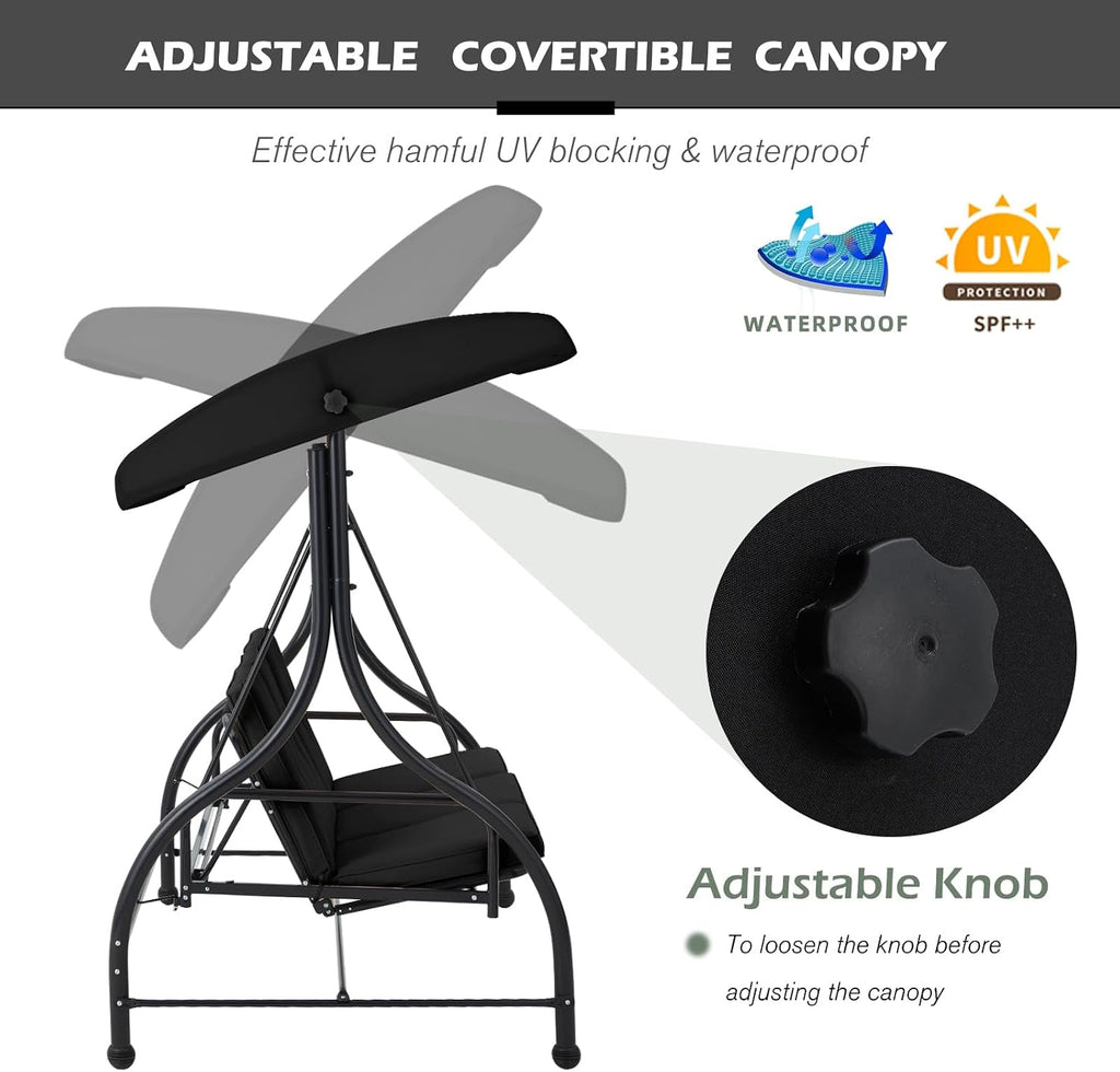 AECOJOY 3-Seat Outdoor Porch Swing with Adjustable Backrest and Canopy, Patio Swing w/Removable Cushions Outdoor Swing Bed for Porch, Backyard, Poolside, Black