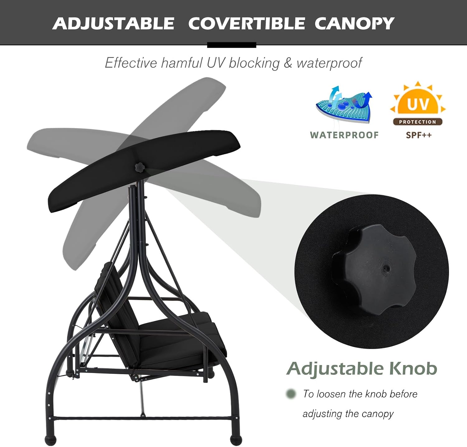 AECOJOY 3-Seat Outdoor Porch Swing with Adjustable Backrest and Canopy, Patio Swing w/Removable Cushions Outdoor Swing Bed for Porch, Backyard, Poolside, Black