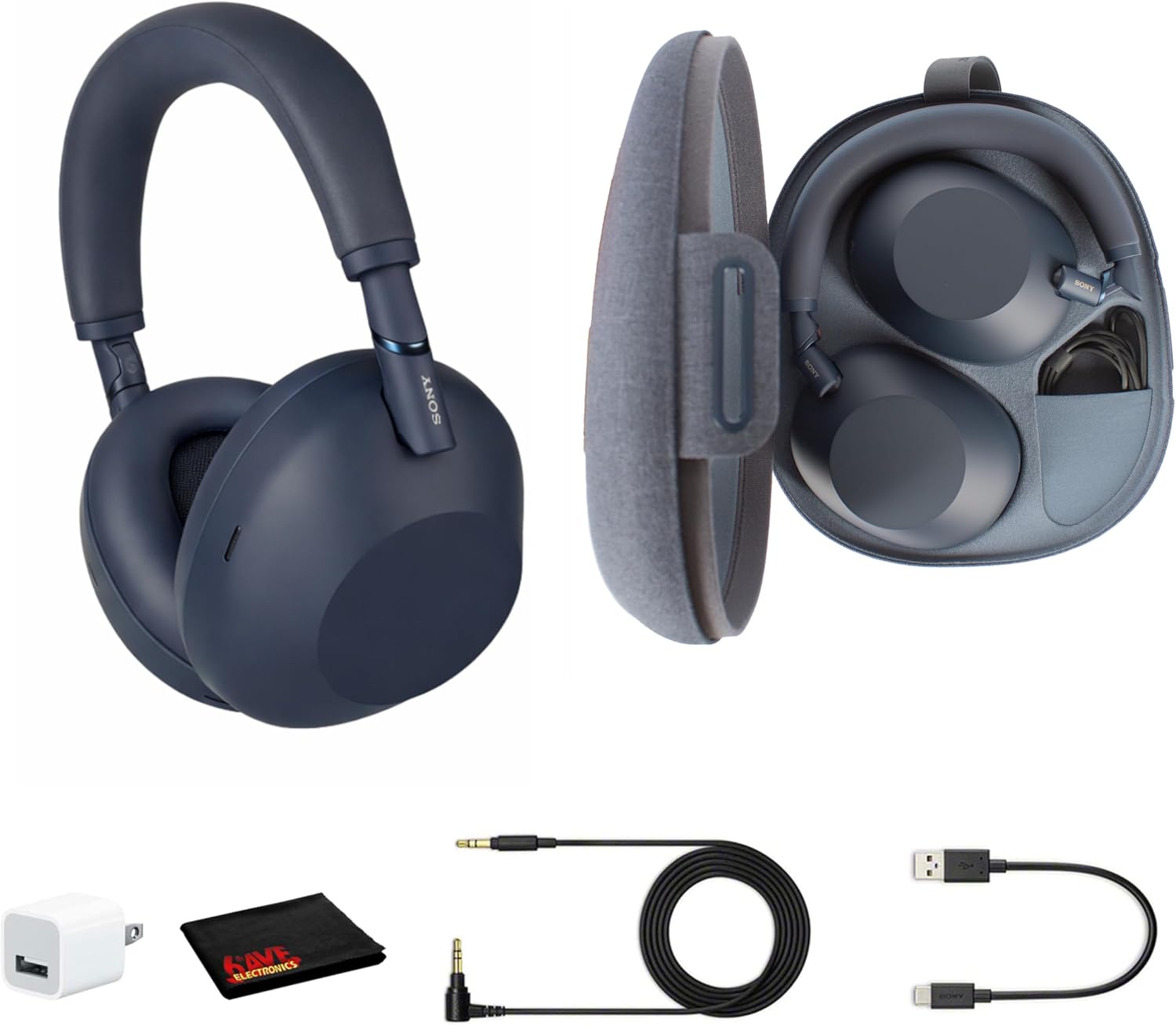 Sony WH-1000XM6 Wireless Noise Canceling Headphones (Blue) Foldable Over-Ear Bluetooth Headset | Hi-Res Audio, 30-Hour Battery, LDAC, Multipoint with USB Wall Adapter and Microfiber Cleaning Cloth