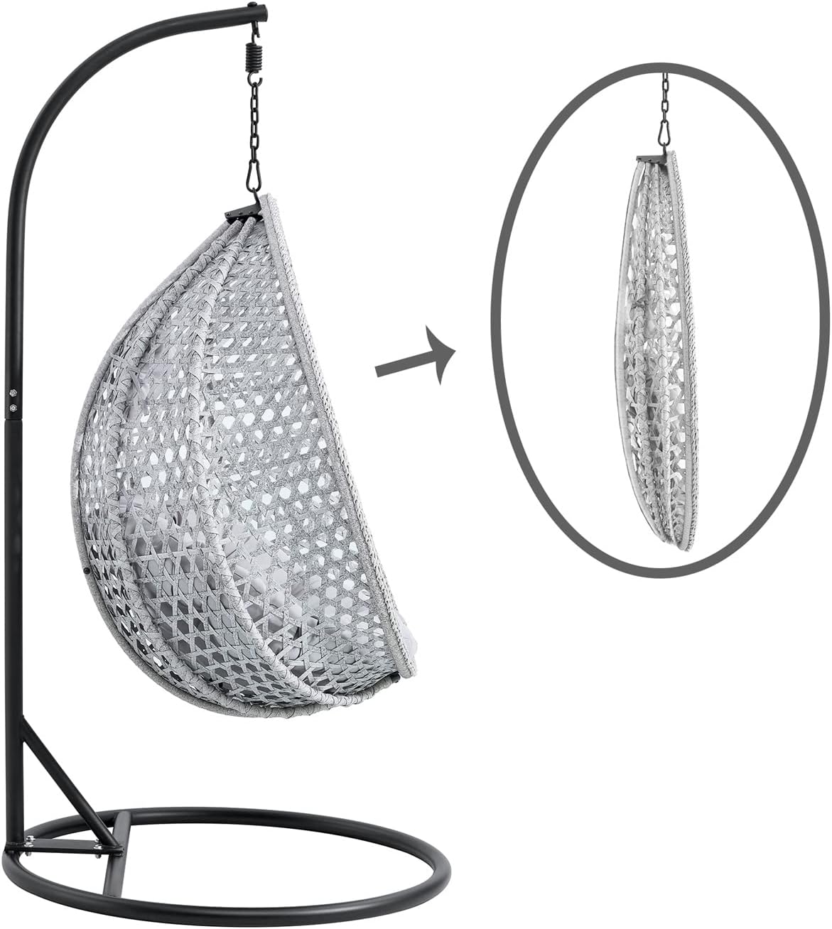 LKTART Egg Swing Chair with Stand Rattan Hanging Egg Chair with Cushions and Pillow Relaxing Chair Foldable Basket & Metal Stand Indoors or Outside 2-Grey