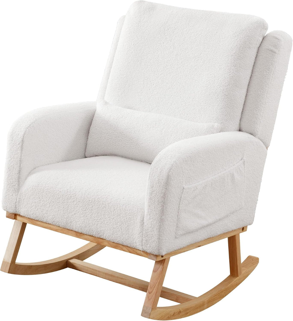 HCHAIRH Rocking Chair Nursery, Sherpa Nursing Rocking Chairs, Upholstered Nursery Glider Rocker Wingback Morden Rocking Chair with Lumbar Pillow for Mom Nursery, Living Room, Bedroom, Teddy White