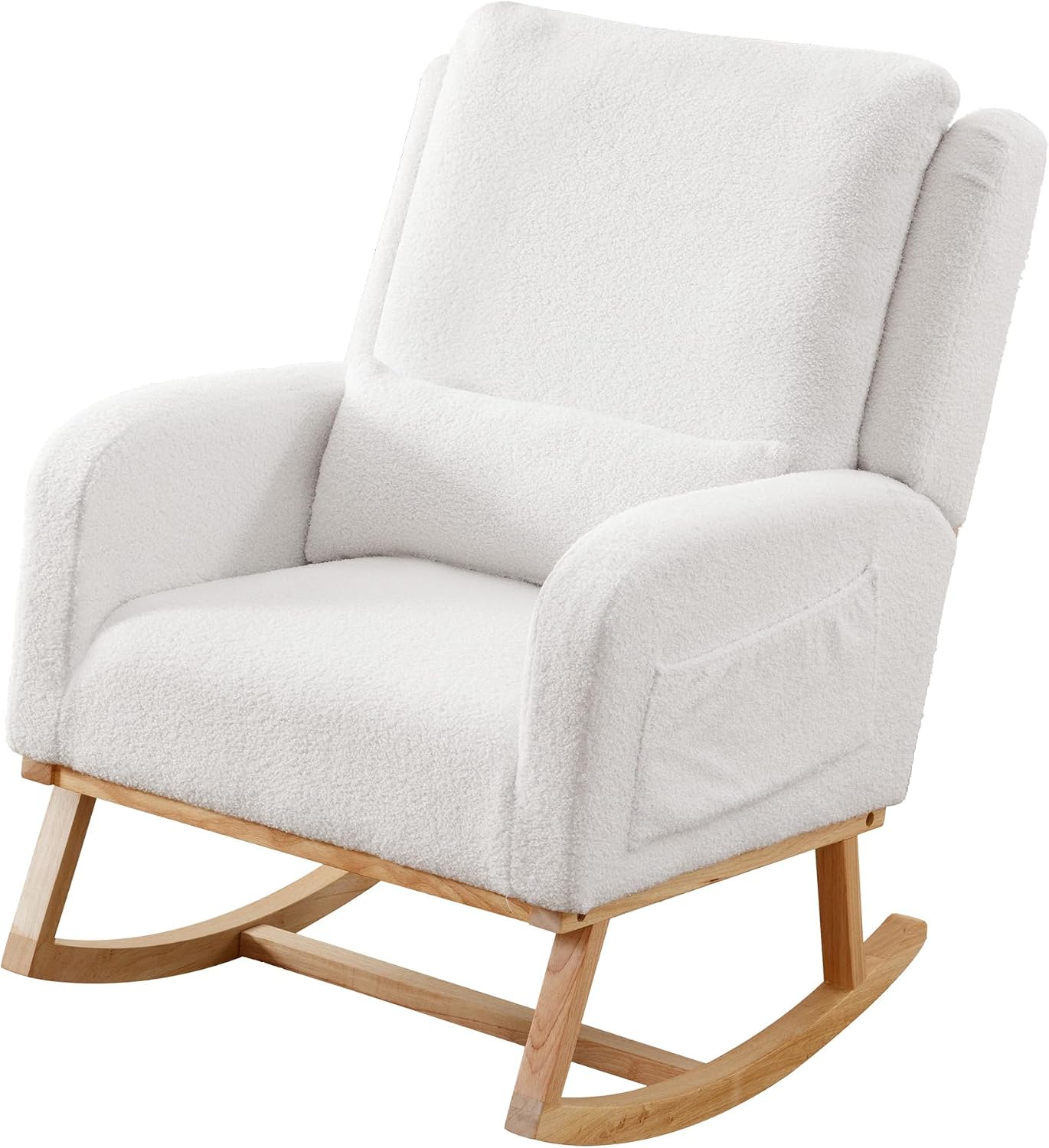 HCHAIRH Rocking Chair Nursery, Sherpa Nursing Rocking Chairs, Upholstered Nursery Glider Rocker Wingback Morden Rocking Chair with Lumbar Pillow for Mom Nursery, Living Room, Bedroom, Teddy White