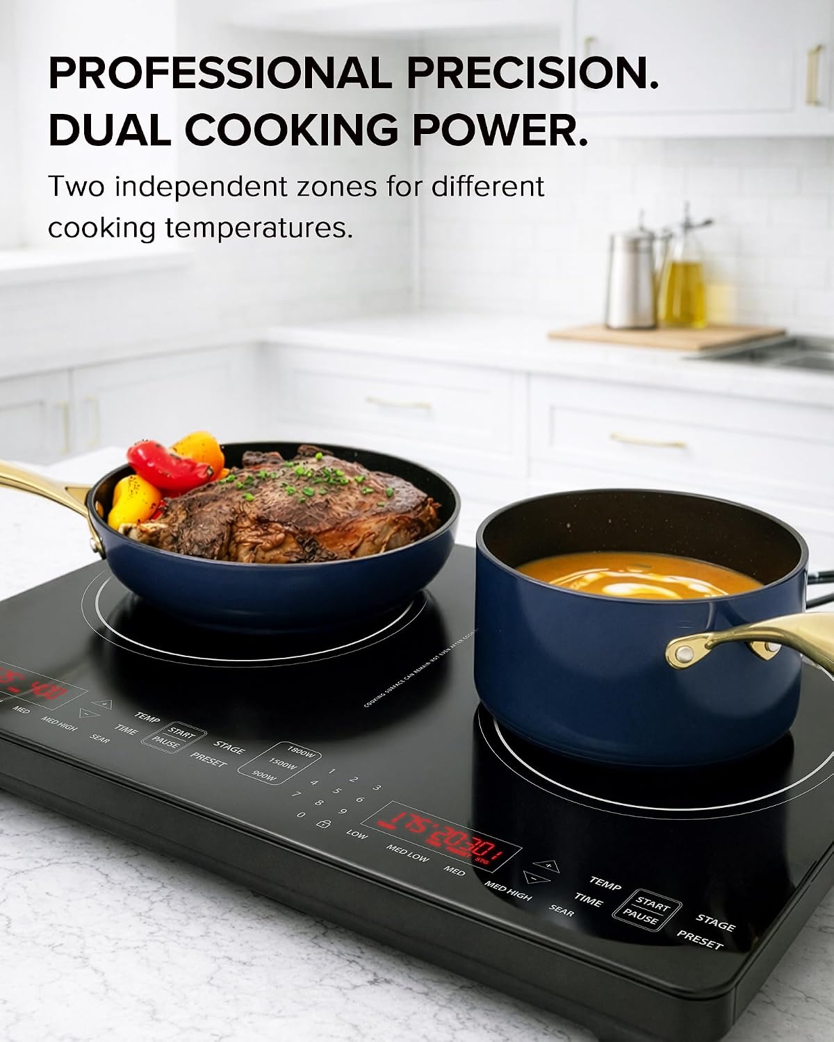 Nuwave PIC Double Portable Induction Cooktop, 900W/1500W/1800W Options, Two 8' Heating Zones, 106 Precise Temperatures from 50°F–575°F in 5°F Increments, Shatter-Resistant Ceramic Glass