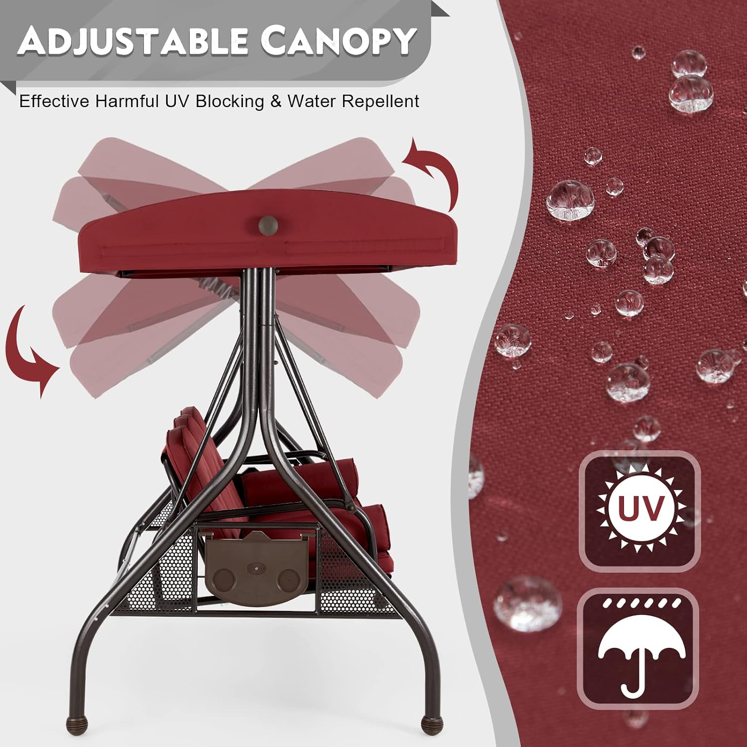 HOMREST 3 Seat Outdoor Porch Swing with Adjustable Canopy, Convertible Patio Swing Bed with Stand, Patio Glider Swing with Upgraded Cup Holder, Thicken Cushions ＆ Pillow for Backyard(Wine Red)