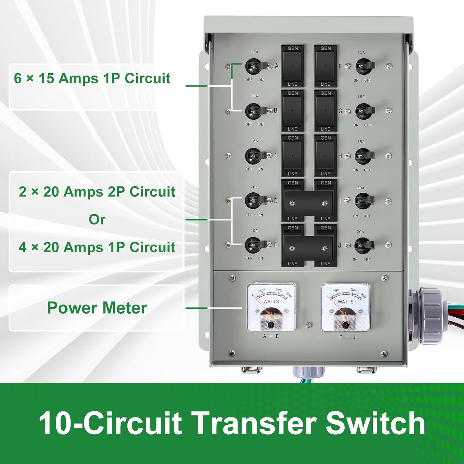 30 Amp Generator Transfer Switch Kit,10-Circuits, 7500W, Indoor&Outdoor, NEMA 3R, Include 10 Foot Cord and 30 Amps Inlet Box, Easy to Install,5 Years Warrnaty