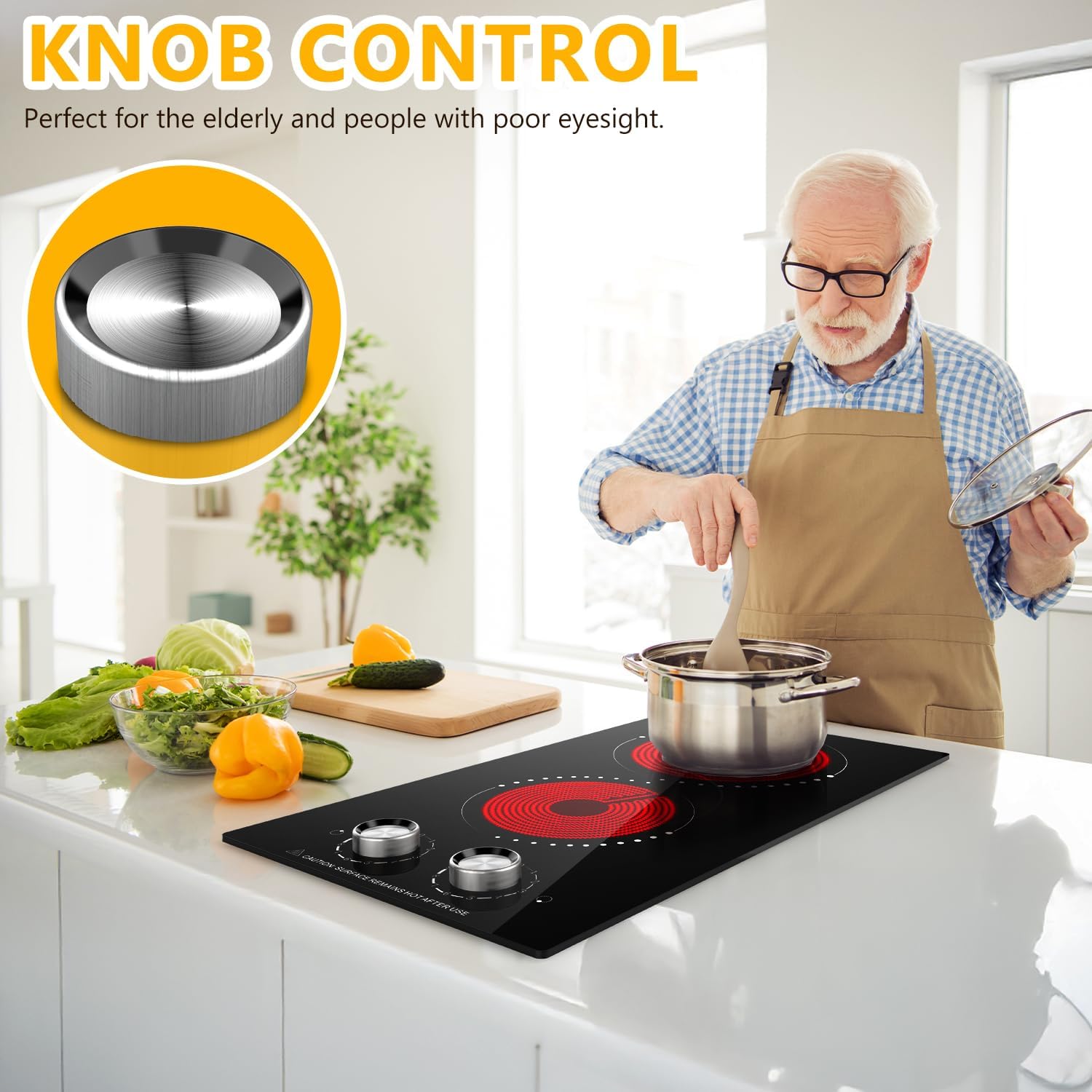 Portable Electric Cooktop 2 Burner 110V Plug in, 12 Inch 2000W Electric Stove Top with Knob Control, Countertop or Built-in Ceramic Hot Plate, for RV Dorm Apartment Kitchen Cooking