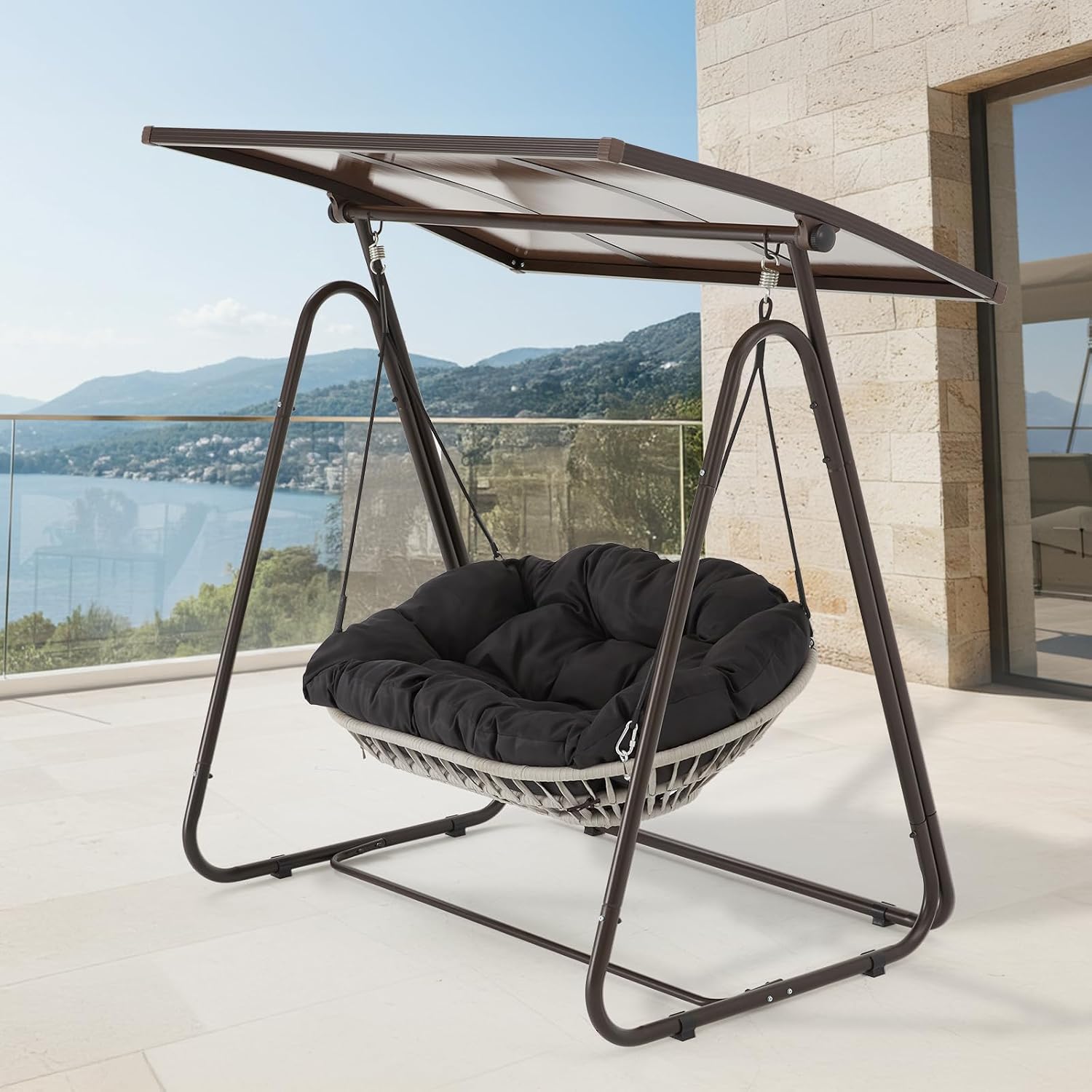 2-Seat Outdoor Patio Porch Swing with Polycarbonate (PC) Canopy, All-Weather Outdoor Swing Chair with 4.7' Thick Cushion and Hand-Woven Rope, Heavy Duty Steel Frame for Patio, Garden, Black