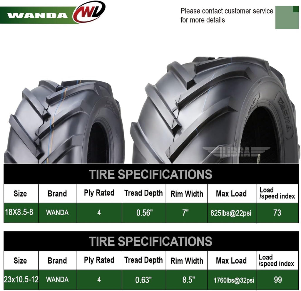 WANDA Set 4 18X8.5-8 & 23X10.5-12 Lawn Mower Agriculture Farm Tractor Tires Super Lug 4 Ply-13079/13075