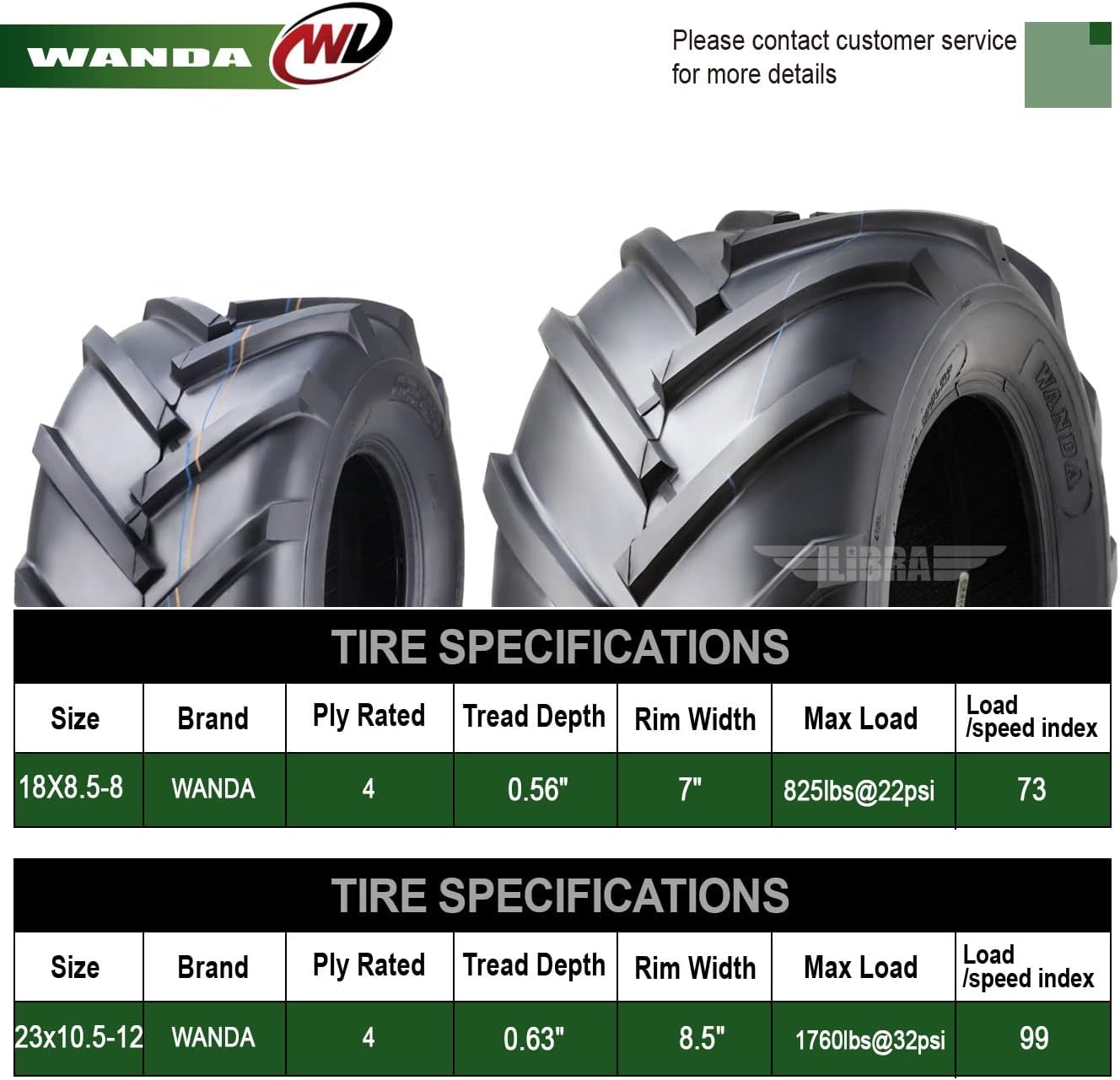 WANDA Set 4 18X8.5-8 & 23X10.5-12 Lawn Mower Agriculture Farm Tractor Tires Super Lug 4 Ply-13079/13075