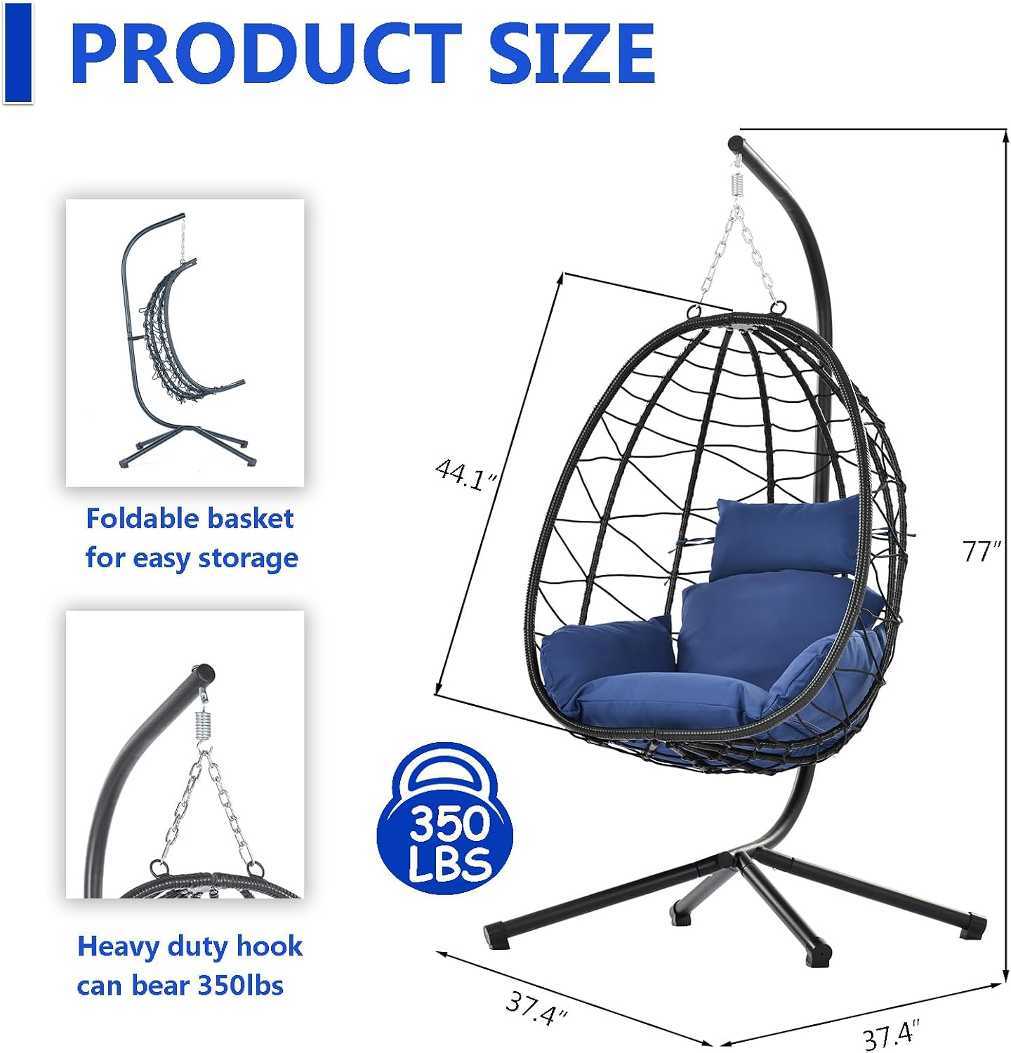 Hanging Egg Chair with Stand, Black Wicker Rattan Swing Egg Chair, Indoor Outdoor Swing Chair for Patio Balcony Porch Bedroom, 350 LBS Capacity (Navy Blue)