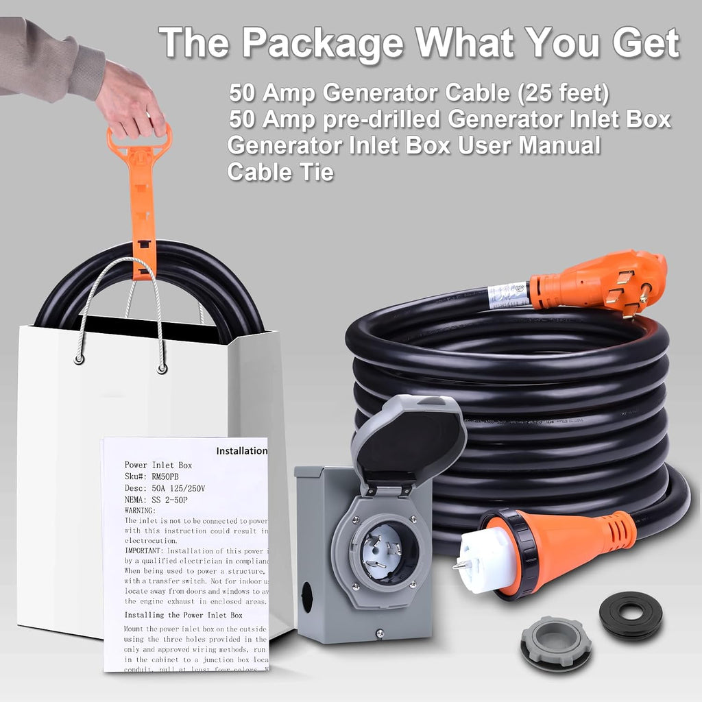 50A Generator Cord and Power Inlet Box,25FT Generator Extension Cord NEMA 14-50P/SS2-50R STW 6/3+8/1 AWG with Twist Lock Connector,Pre-Drilled Inlet Box for Generator to House,125/250V ETL Listed