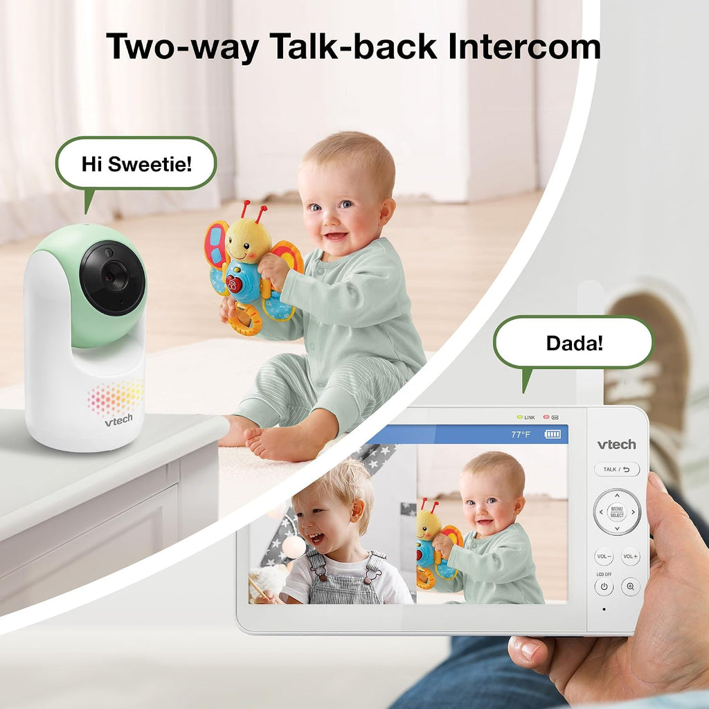 VTech 2-Cameras Video Baby Monitor with 7' Color LCD Screen, Rechargeable Battery, Video and Audio Streaming, Pan-Tilt-Zoom, Touch Multi-Color Night Light, Two-Way Talk: Advanced Max Twin (Green)