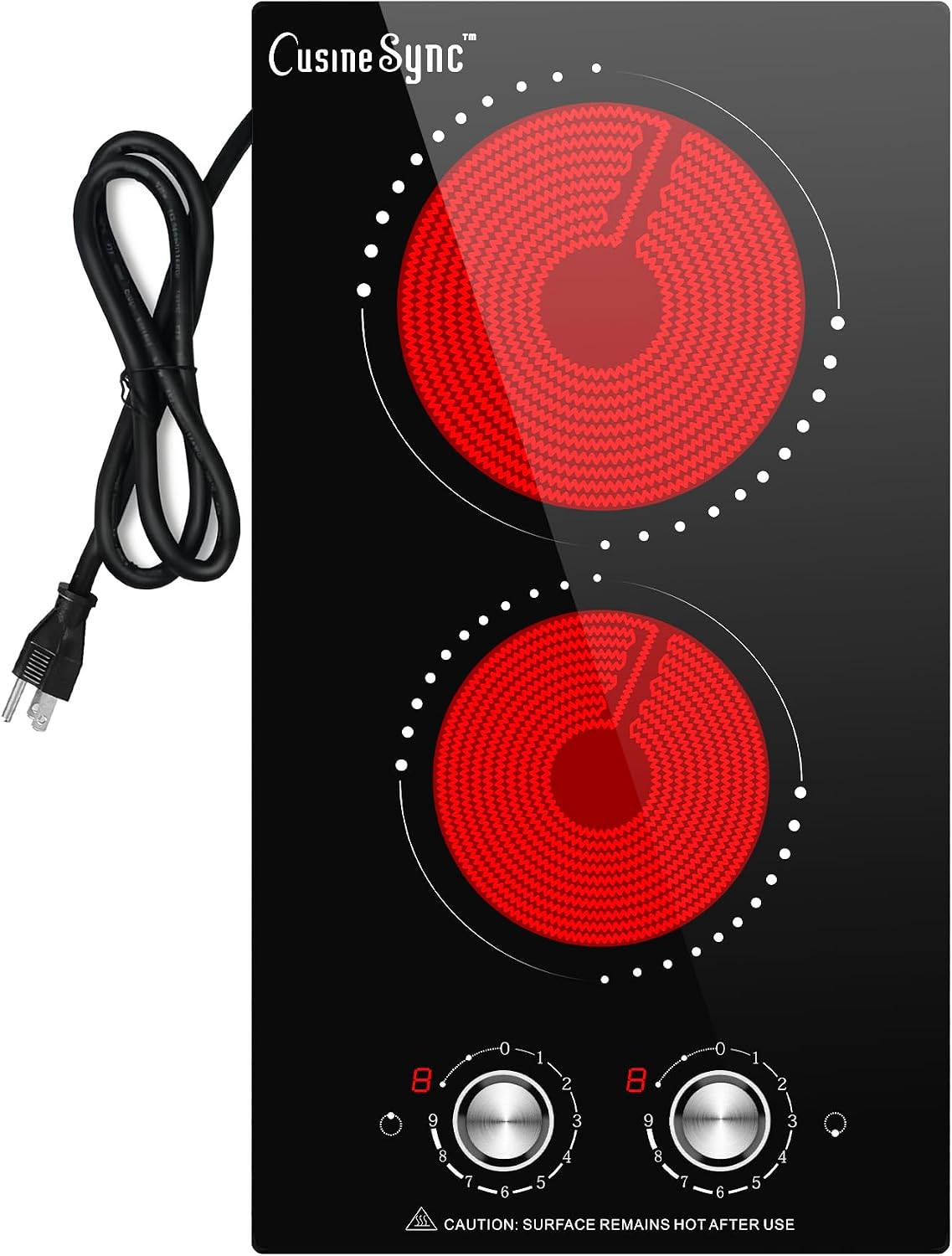 Portable Electric Cooktop 2 Burner 110V Plug in, 12 Inch 2000W Electric Stove Top with Knob Control, Countertop or Built-in Ceramic Hot Plate, for RV Dorm Apartment Kitchen Cooking