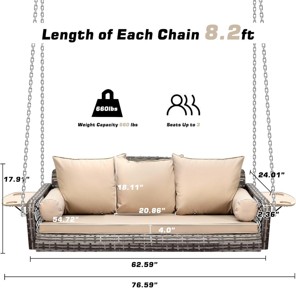 Grepatio 3 Person Porch Swing Patio Wicker Hanging Porch Swing Chair Outdoor Rattan Swing Bench with Cushion and Pillow for Garden, Yard, Lawn (Gray Rattan Khaki Cushion)