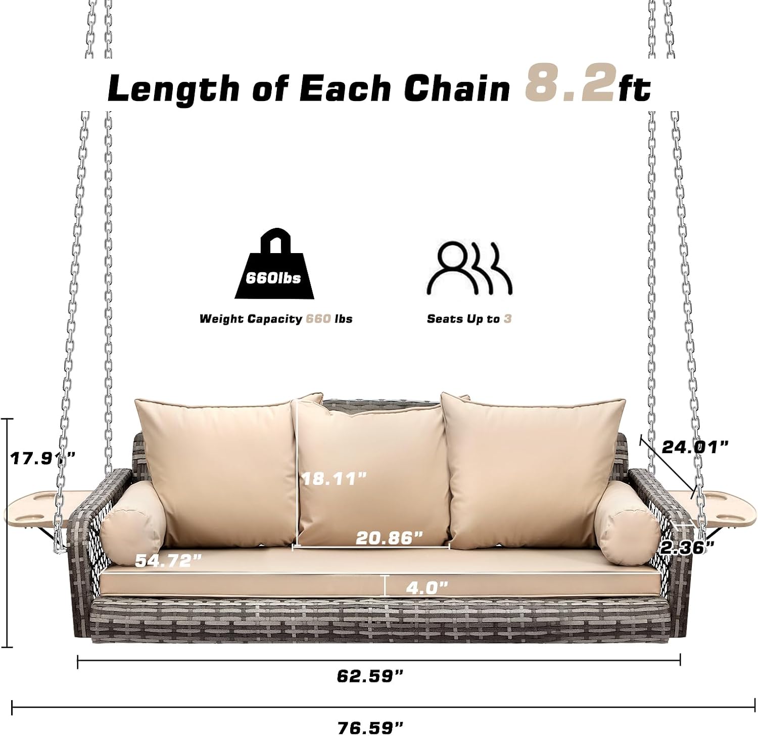 Grepatio 3 Person Porch Swing Patio Wicker Hanging Porch Swing Chair Outdoor Rattan Swing Bench with Cushion and Pillow for Garden, Yard, Lawn (Gray Rattan Khaki Cushion)