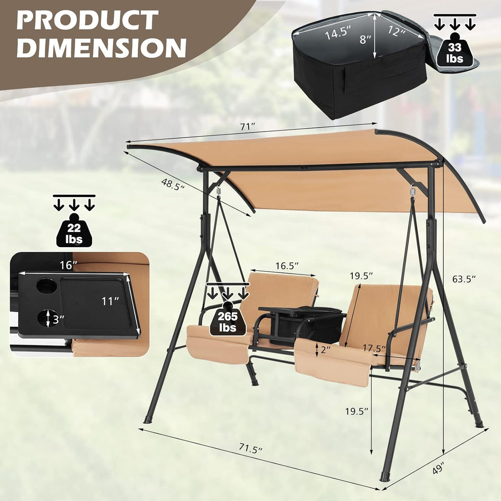 Tangkula 2 Person Porch Swing, Outdoor Swing with Pivot Storage Table, Cooler Bag, 2 Cup Holders, Removable Cushions, Patio Swing with Canopy for Backyard Balcony Poolside (Brown)