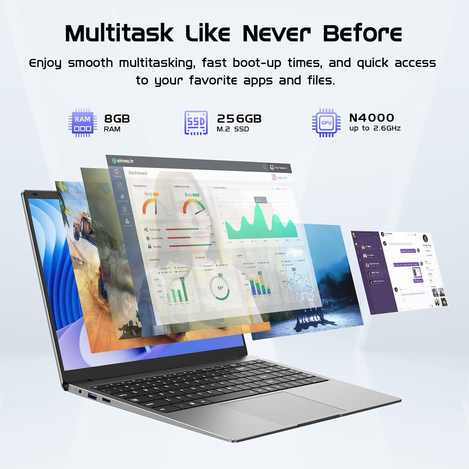 Laptop Computer 15.6' Win11 Pro Laptops 8GB RAM 256GB SSD,Ms Office 365, 100% sRGB Screen, N4000 Processor, Notebook, Dual Band WiFi5, BT4.2, USB-A, HDMI,FHD 1920 * 1080 Display,Silver