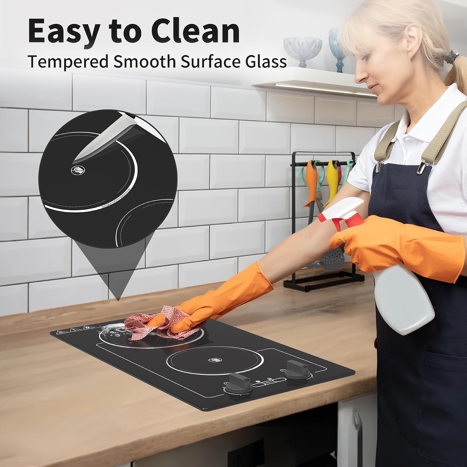 VBGK Electric Cooktop,110V 2100W electric Stove Top with Knob Control,Countertop/Built-in Design with 9 Power Levels,Kids Lock & Timer, Overheat Protection,and touch control 2 burner electric Cooktop.