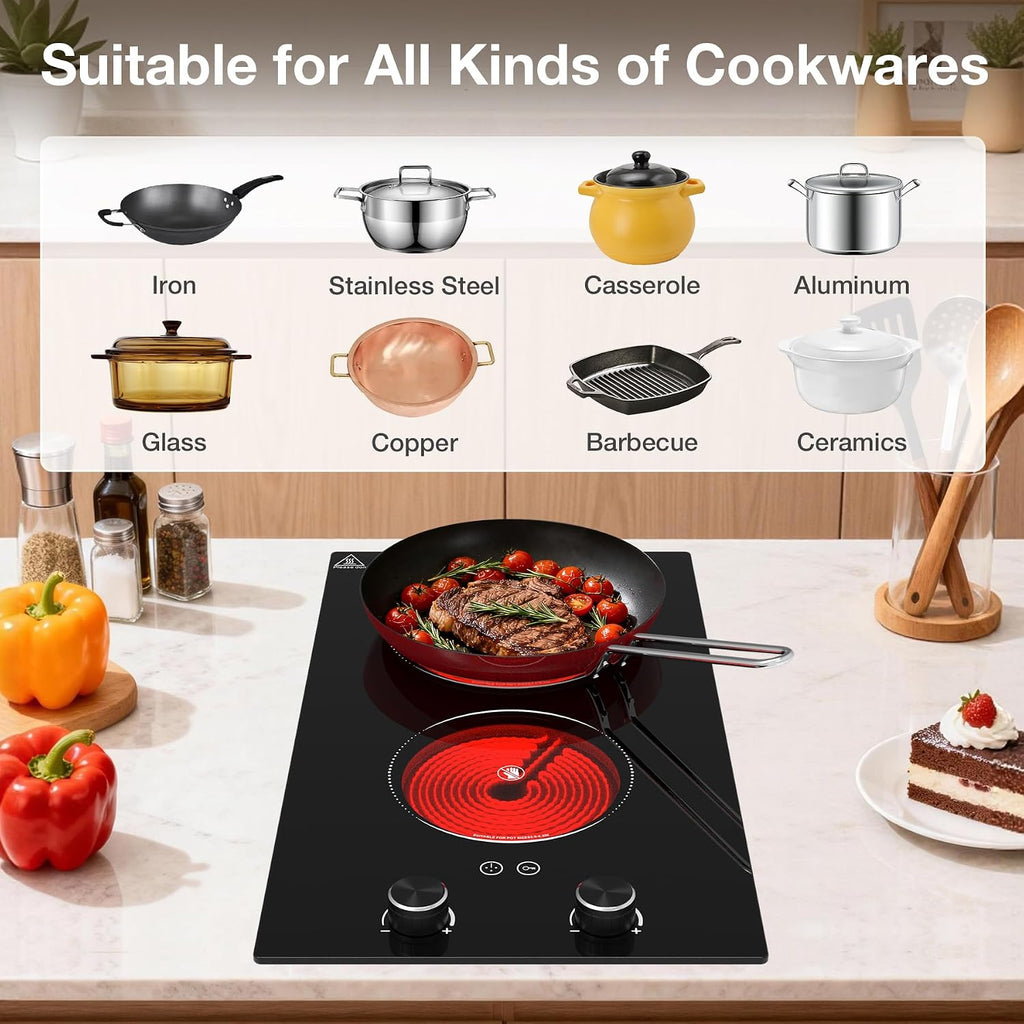 2100W Electric Cooktop 2 Burner: Electric Stove 110v-120v Hot Plate, Knob Control Countertop & Built-in Ceramic Cooktop 9 Power Levels, Child Lock, Timer, Suitable for all Pans