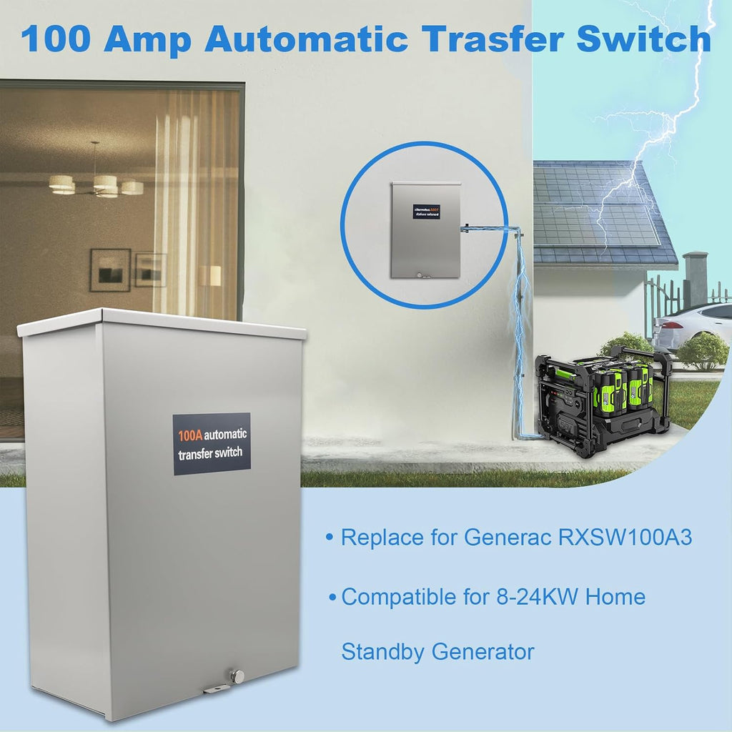 100 Amp Automatic Transfer Switch Single Phase Generator Transfer Switch, Power Management Replacement for Generac RXSW100A3, NEMA 3R Outdoor Rated Aluminum Enclosure for Indoor and Outdoor Use