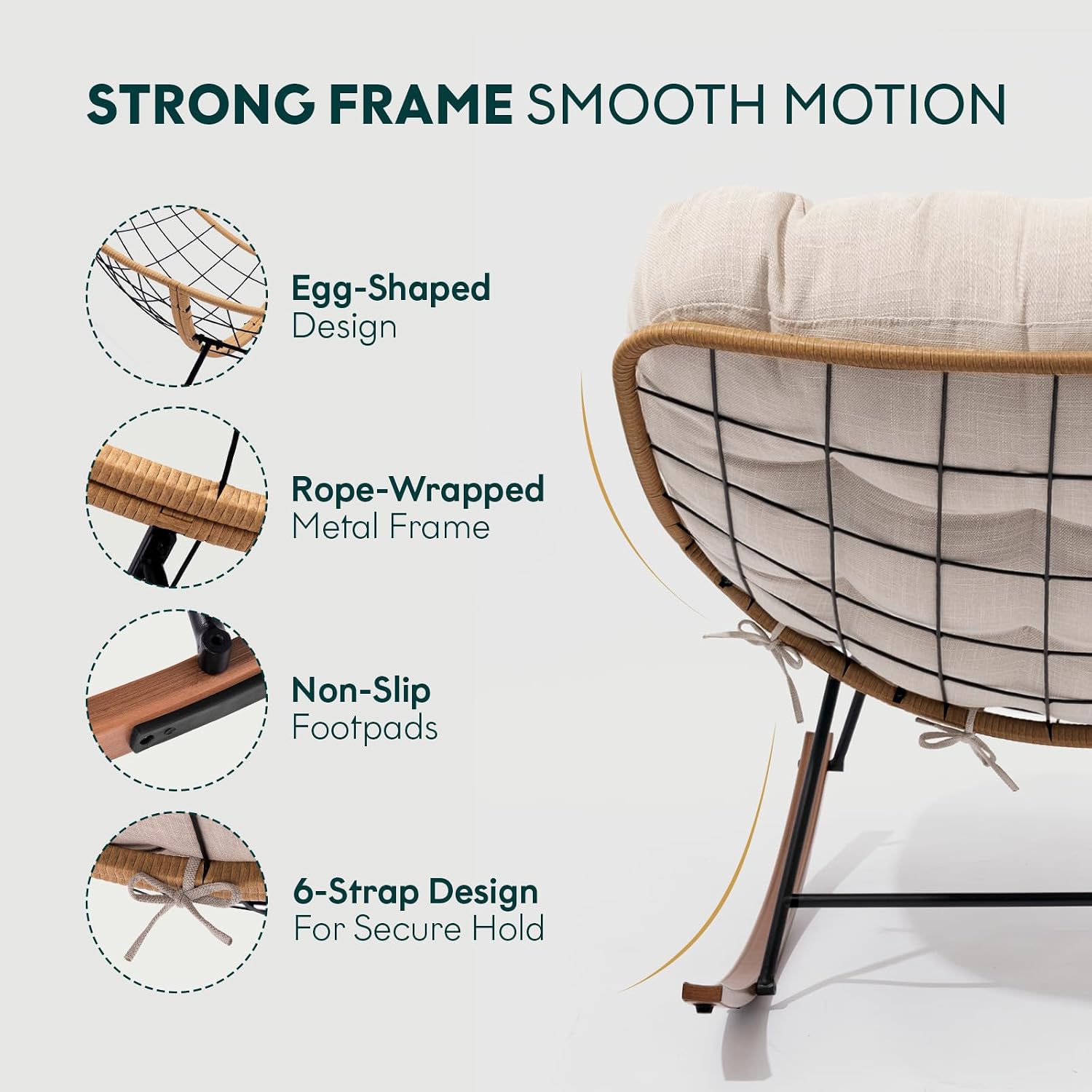 Bme Patio Rocking Chair Outdoor and Indoor, Modern Metal Lounge Rocker with Thick 7'' Cushion, 400lbs Capacity, Ergonomic Design, Easy Assembly, Beige Cushion - Wood Texture Rocker