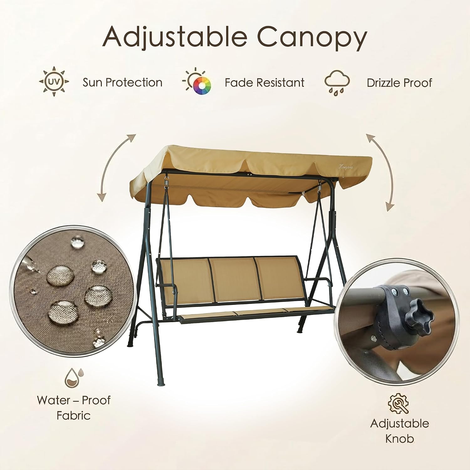 Kozyard 3-Person Outdoor Canopy Porch Swing Chair, Breathable Textilene Armrest Seat, Adjustable Shade, Heavy-Duty Powder-Coated Steel Frame Swing for Patio, Backyard, Poolside & Balcony, Beige