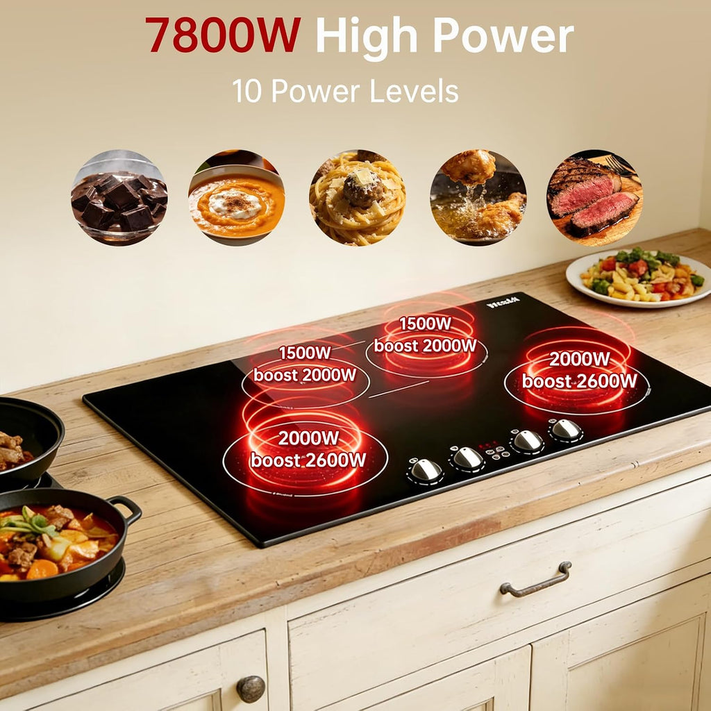30 Inch Induction Cooktop 7800W, Weceleh 10 Levels Electric Cooktop with 4 BOOST Burners, Bulid-in Induction Stove Top, Bridge-Sync, Safety Lock, Timer, Knob Control, No Plug, 220-240V