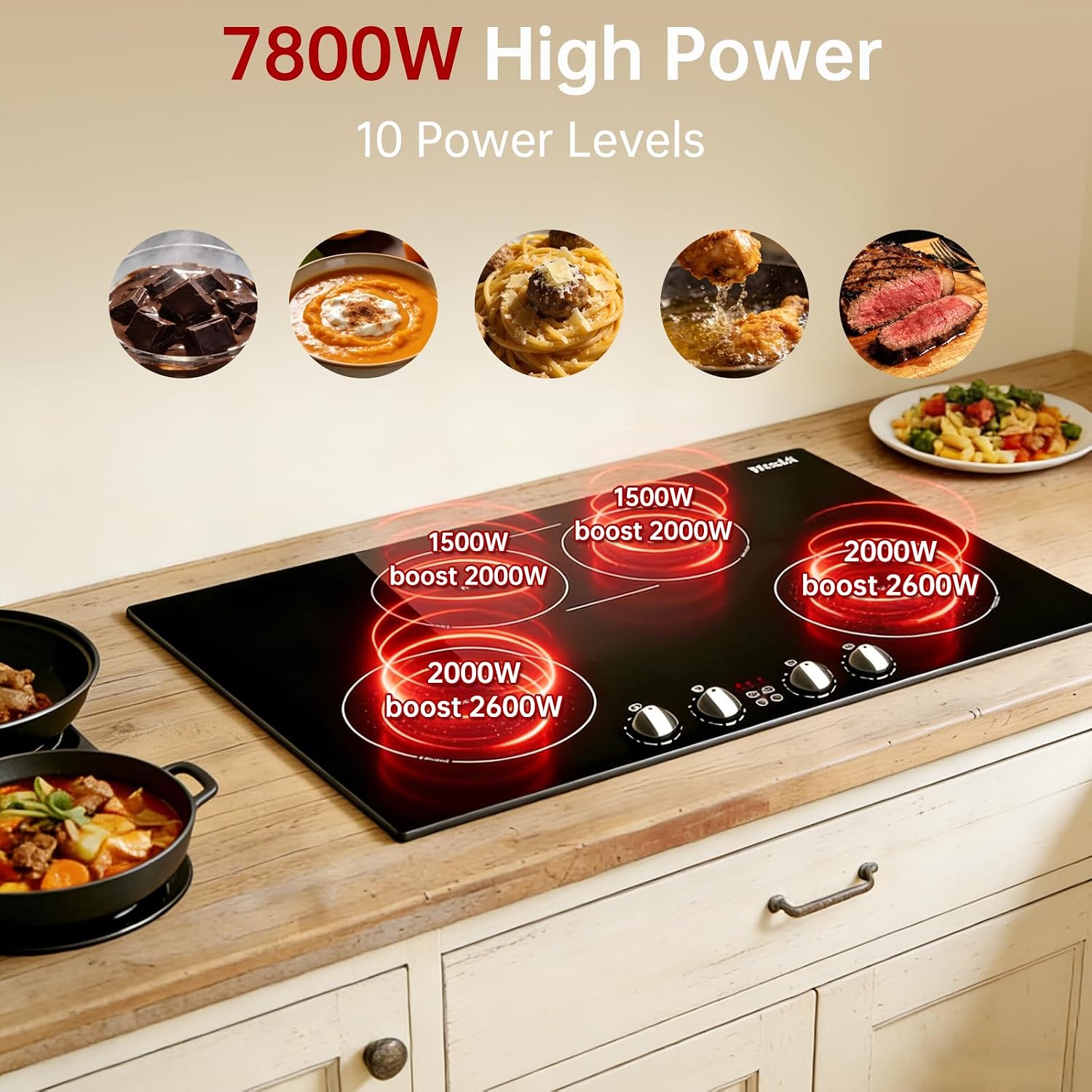 30 Inch Induction Cooktop 7800W, Weceleh 10 Levels Electric Cooktop with 4 BOOST Burners, Bulid-in Induction Stove Top, Bridge-Sync, Safety Lock, Timer, Knob Control, No Plug, 220-240V